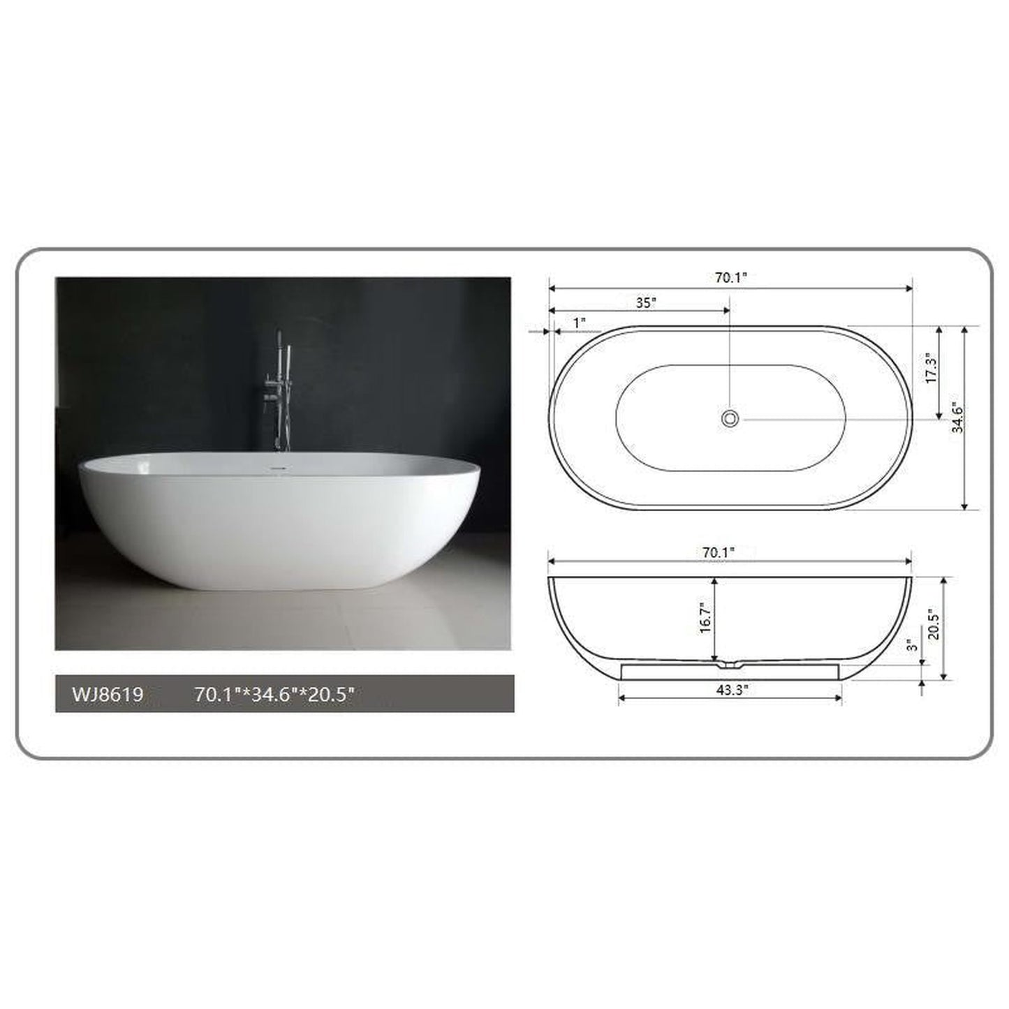 Legion Furniture WJ8619-W 70" Matte White Solid Surface Freestanding Bathtub With Pop-up Drain