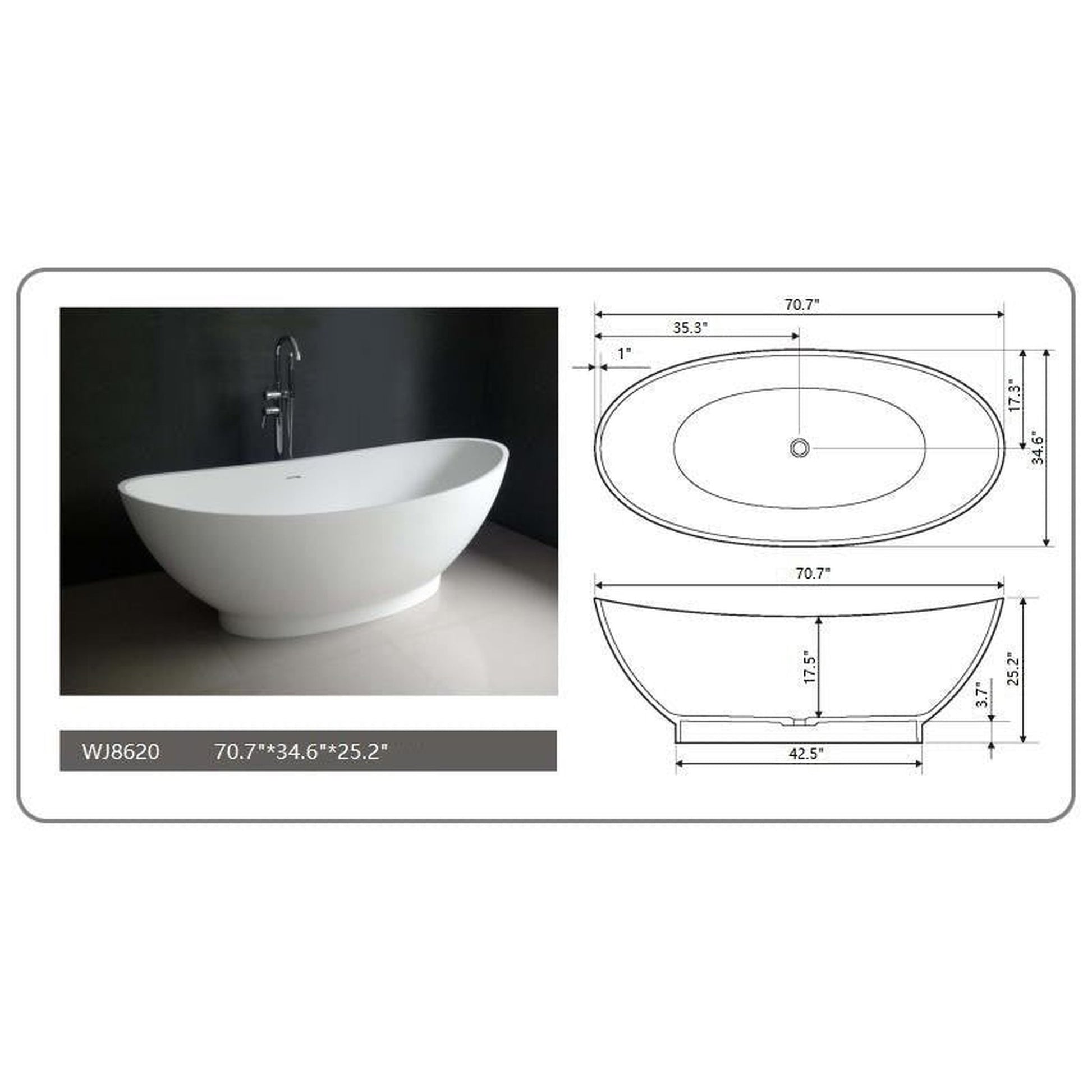 Legion Furniture WJ8620-W 71" Matte White Solid Surface Freestanding Bathtub With Pop-up Drain