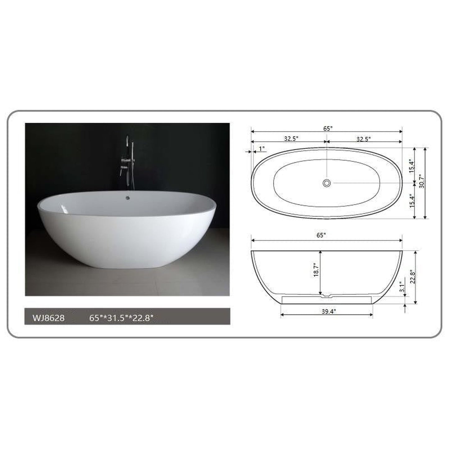 Legion Furniture WJ8628-W 65" Matte White Solid Surface Freestanding Bathtub With Pop-up Drain