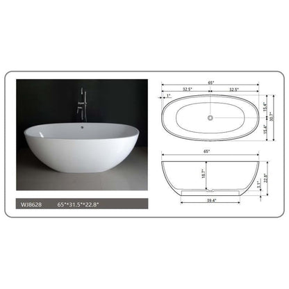 Legion Furniture WJ8628-W 65" Matte White Solid Surface Freestanding Bathtub With Pop-up Drain