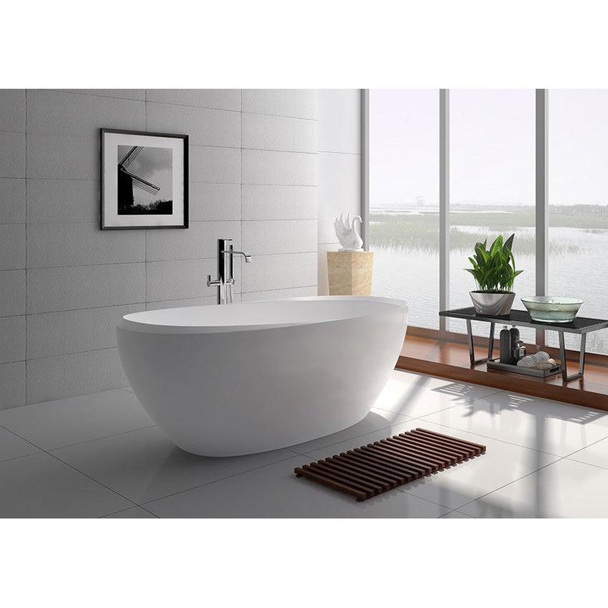 Legion Furniture WJ8639-W 65" Matte White Solid Surface Freestanding Bathtub With Pop-up Drain