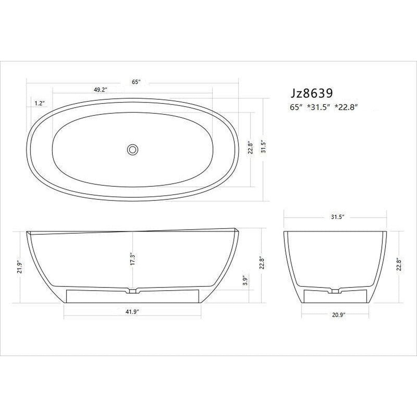 Legion Furniture WJ8639-W 65" Matte White Solid Surface Freestanding Bathtub With Pop-up Drain