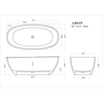 Legion Furniture WJ8639-W 65" Matte White Solid Surface Freestanding Bathtub With Pop-up Drain