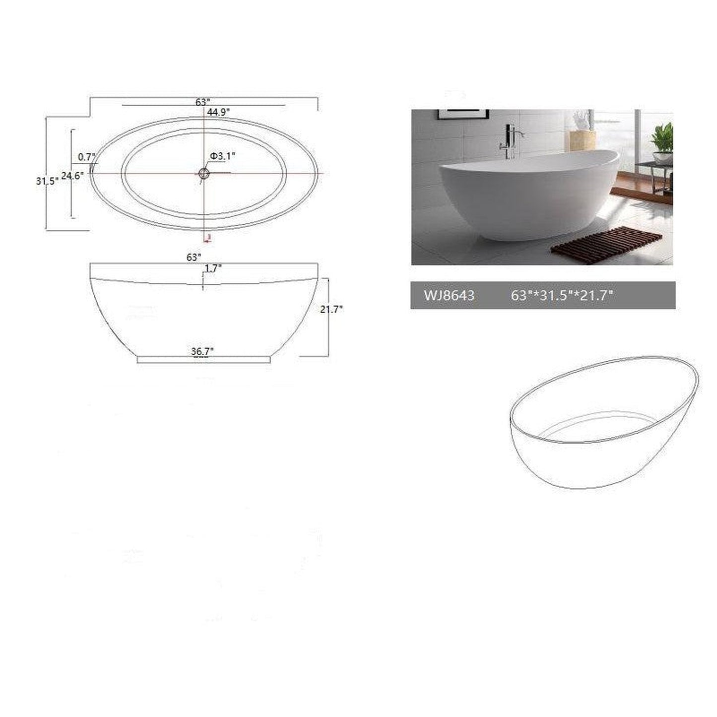 Legion Furniture WJ8643-W 63" Matte White Solid Surface Freestanding Bathtub With Pop-up Drain