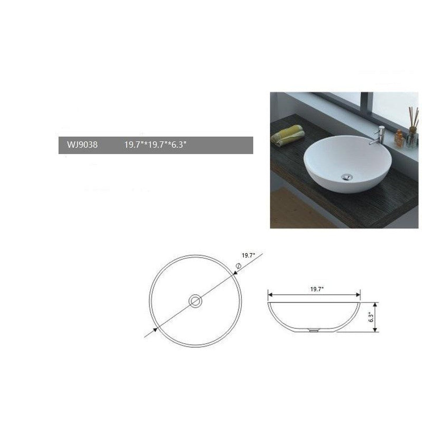 Legion Furniture WJ9038-W 20" White Matte Solid Surface Sink Bowl