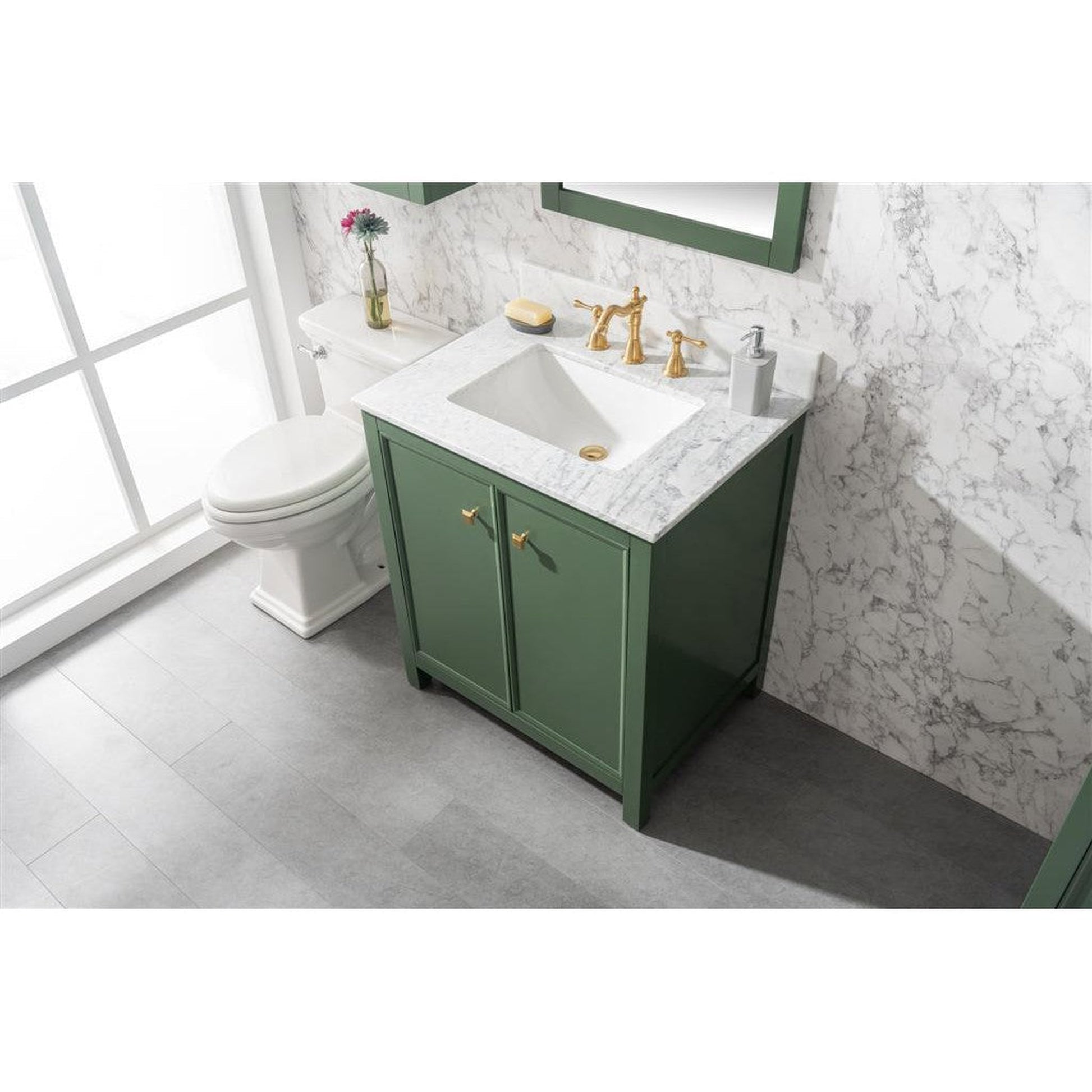 Legion Furniture WLF2130 30" Vogue Green Freestanding Vanity With White Carrara Marble Top and White Ceramic Sink