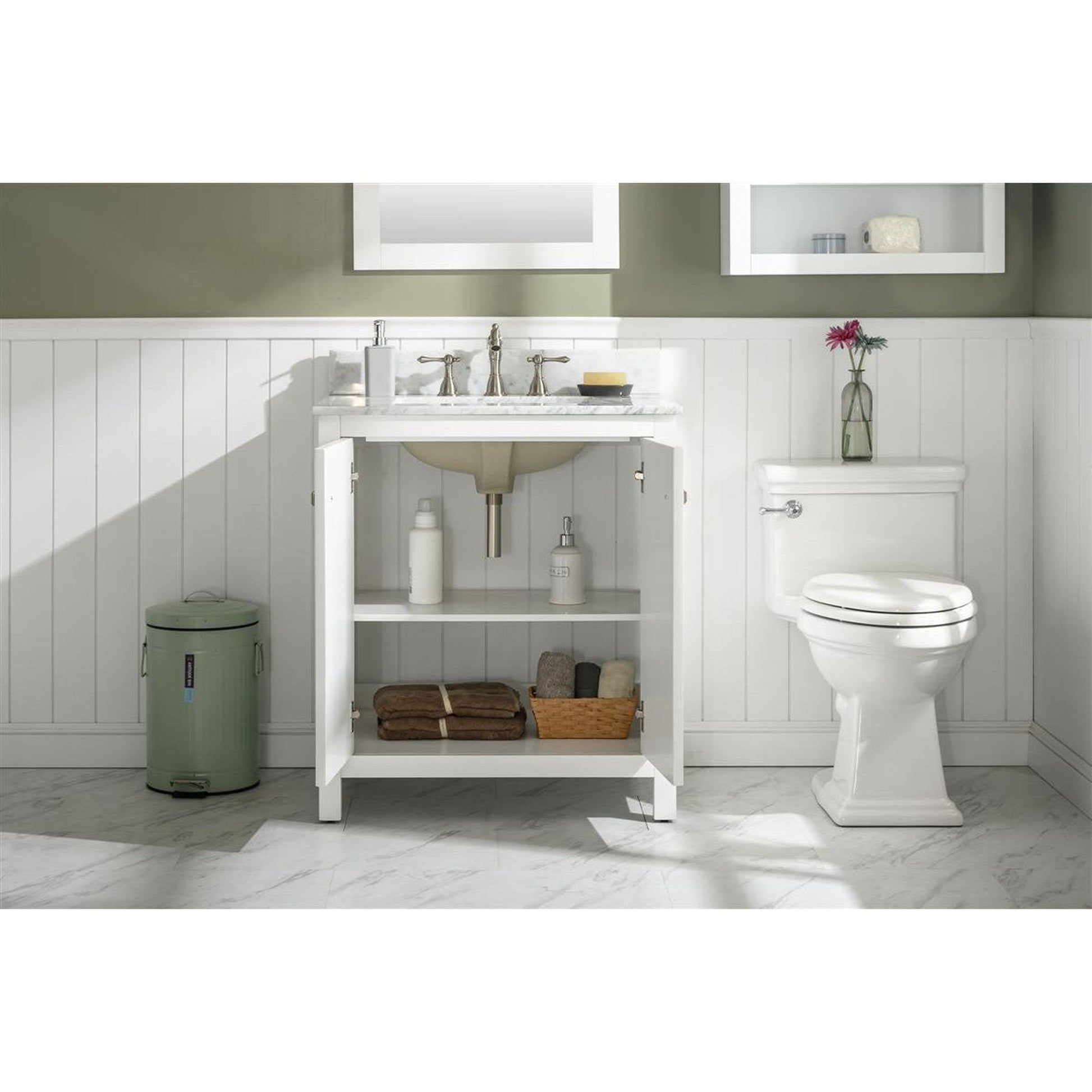 Legion Furniture WLF2130 30" White Freestanding Vanity With White Carrara Marble Top and White Ceramic Sink