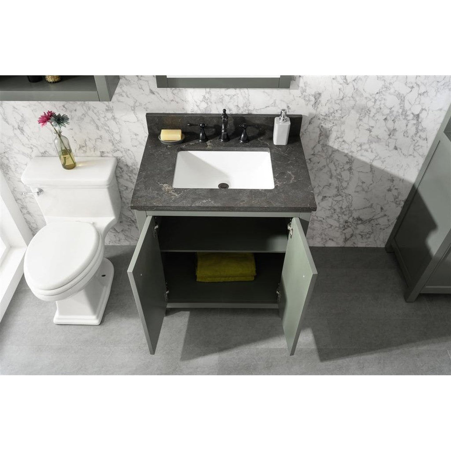 Legion Furniture WLF2130-PG 30" Pewter Green Freestanting Vanity Base With Blue Lime Stone Top and White Ceramic Sink