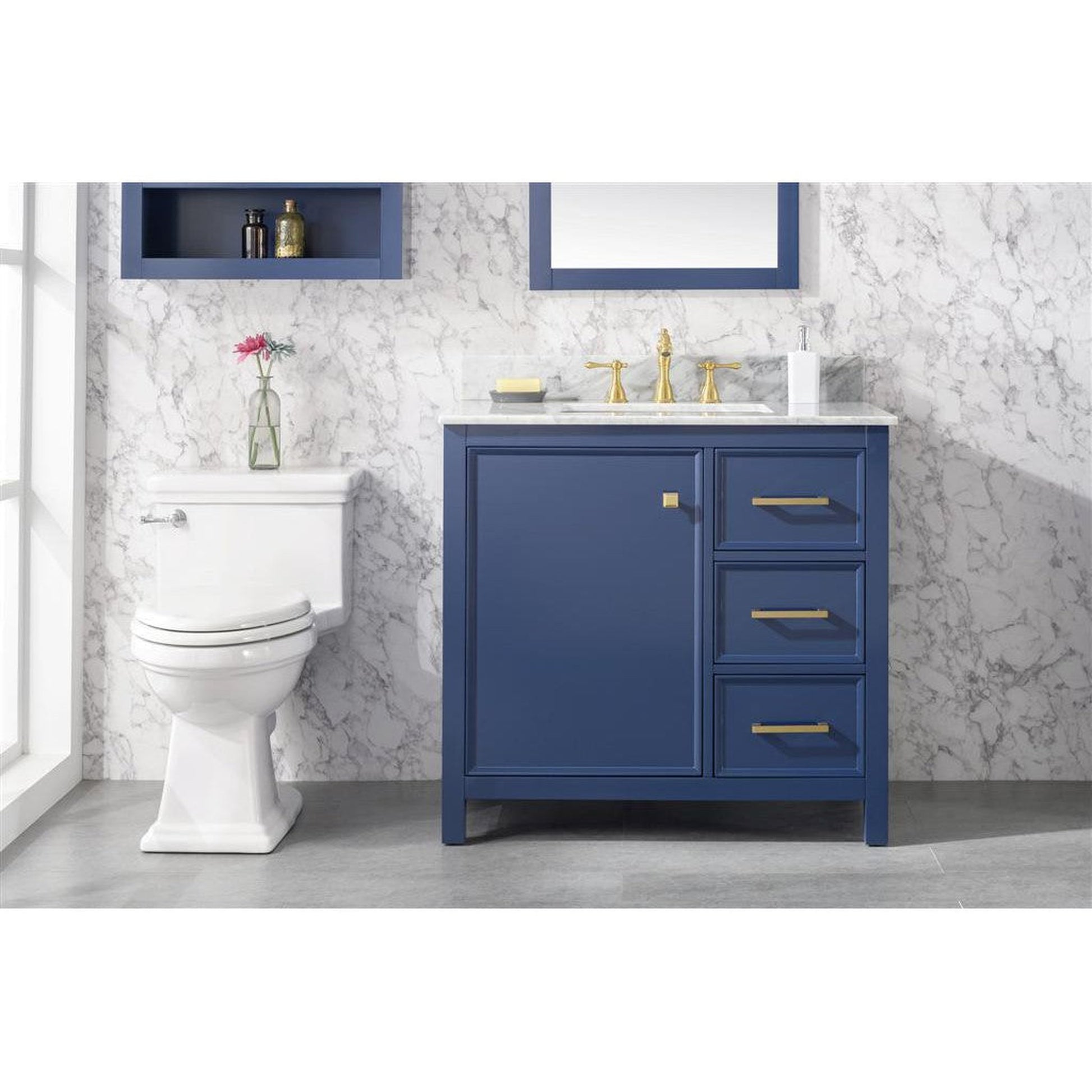 Legion Furniture WLF2136 36" Blue Freestanding Vanity With White Carrara Marble Top and White Ceramic Sink