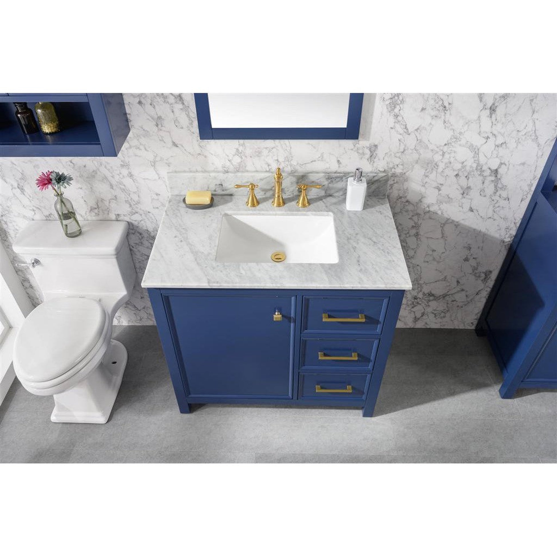 Legion Furniture WLF2136 36" Blue Freestanding Vanity With White Carrara Marble Top and White Ceramic Sink