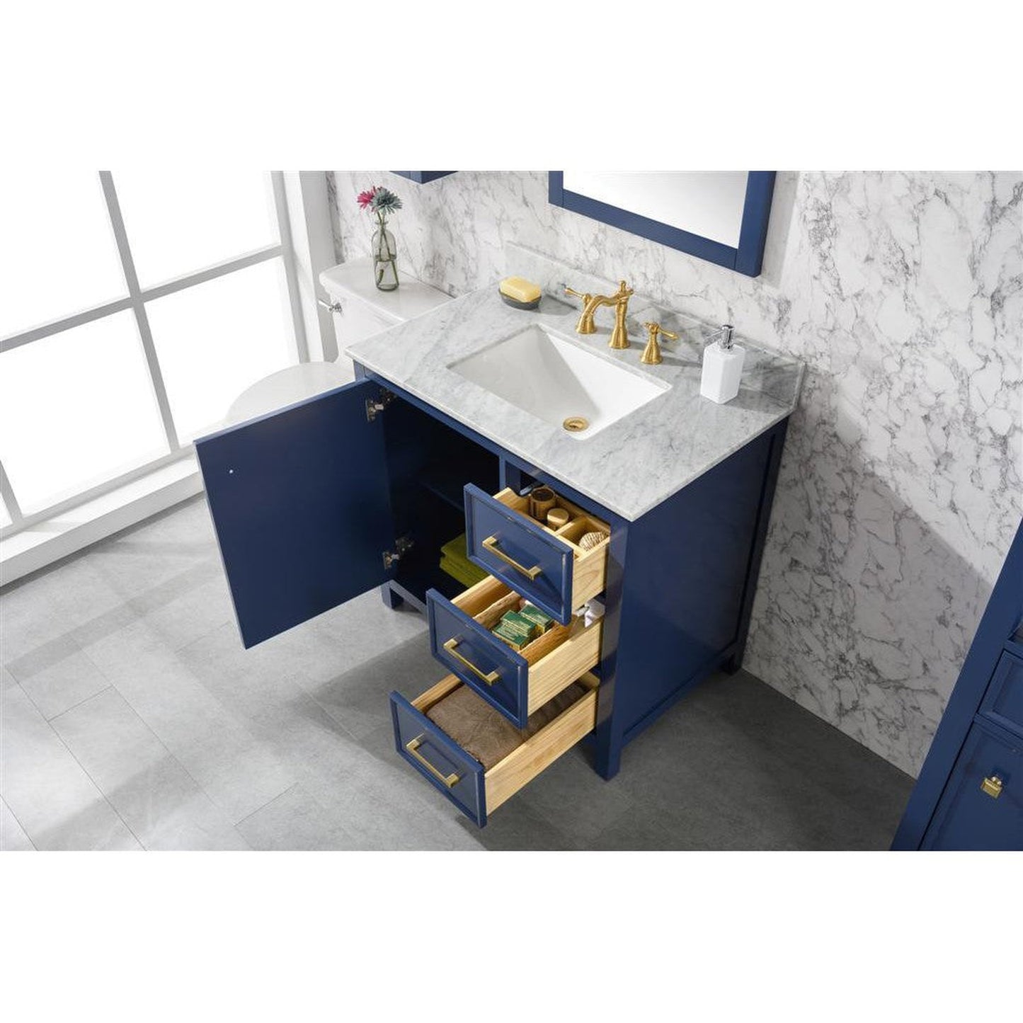 Legion Furniture WLF2136 36" Blue Freestanding Vanity With White Carrara Marble Top and White Ceramic Sink