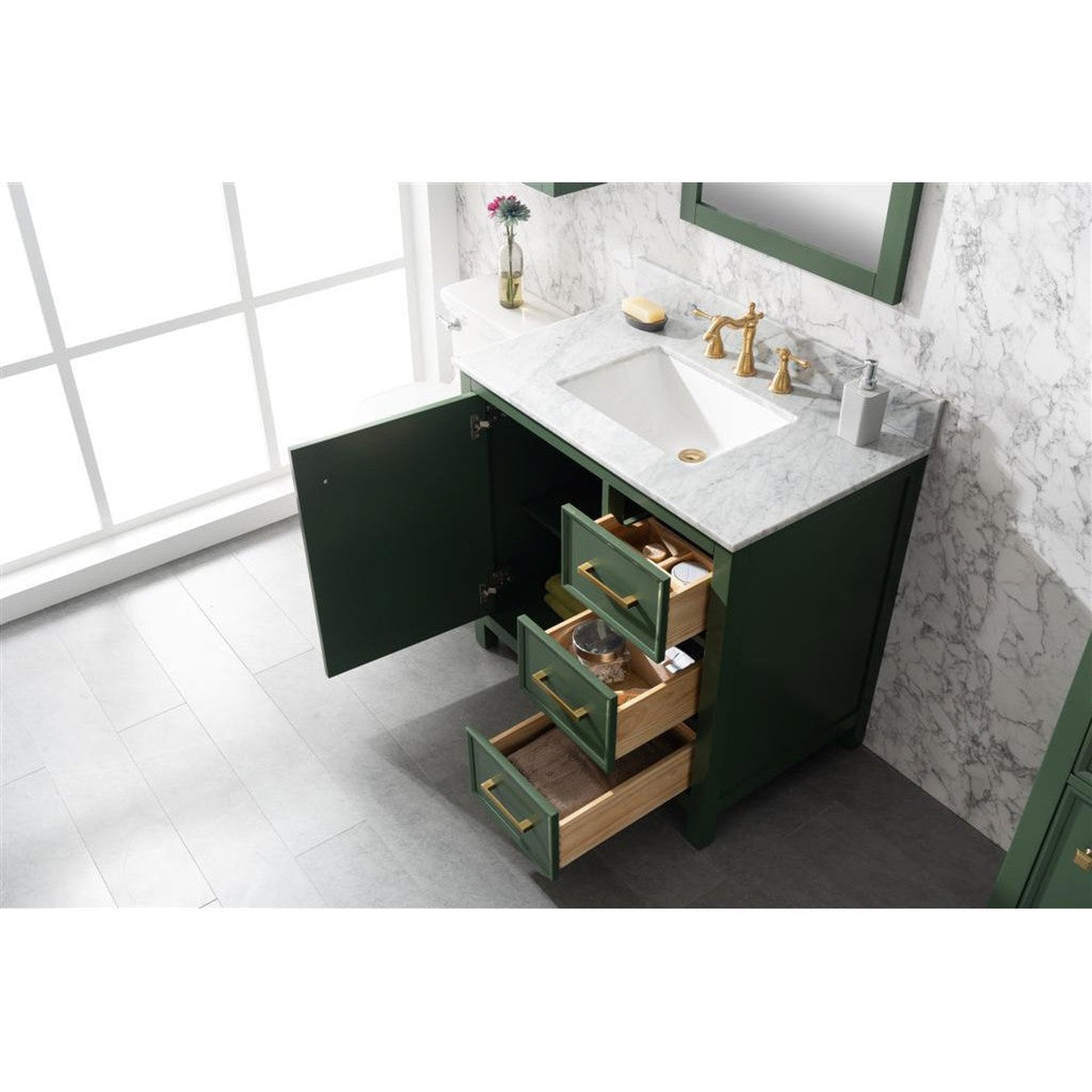 Legion Furniture WLF2136 36" Vogue Green Freestanding Vanity With White Carrara Marble Top and White Ceramic Sink