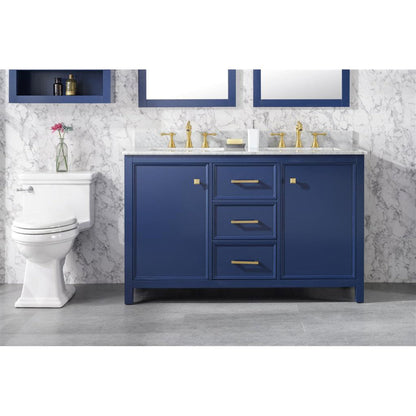 Legion Furniture WLF2154 54" Blue Freestanding Vanity With White Carrara Marble Top and Double White Ceramic Sink