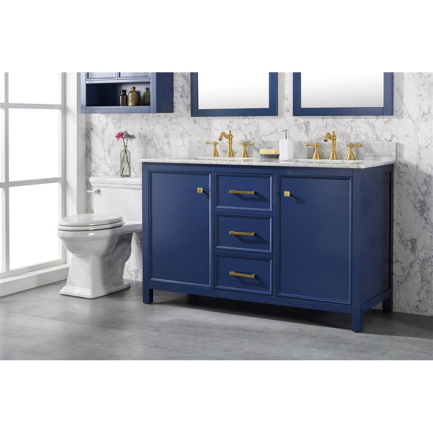 Legion Furniture WLF2154 54" Blue Freestanding Vanity With White Carrara Marble Top and Double White Ceramic Sink