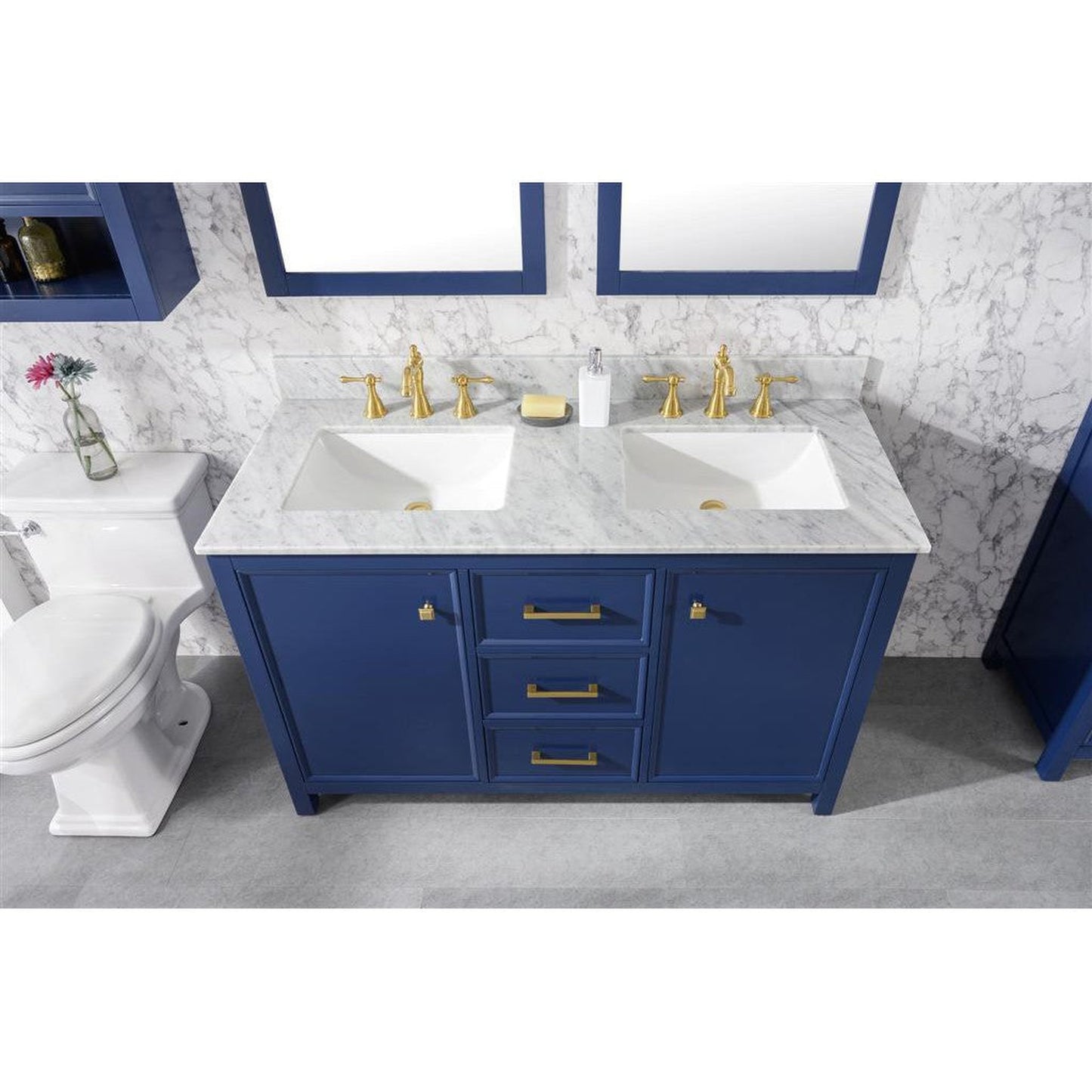Legion Furniture WLF2154 54" Blue Freestanding Vanity With White Carrara Marble Top and Double White Ceramic Sink