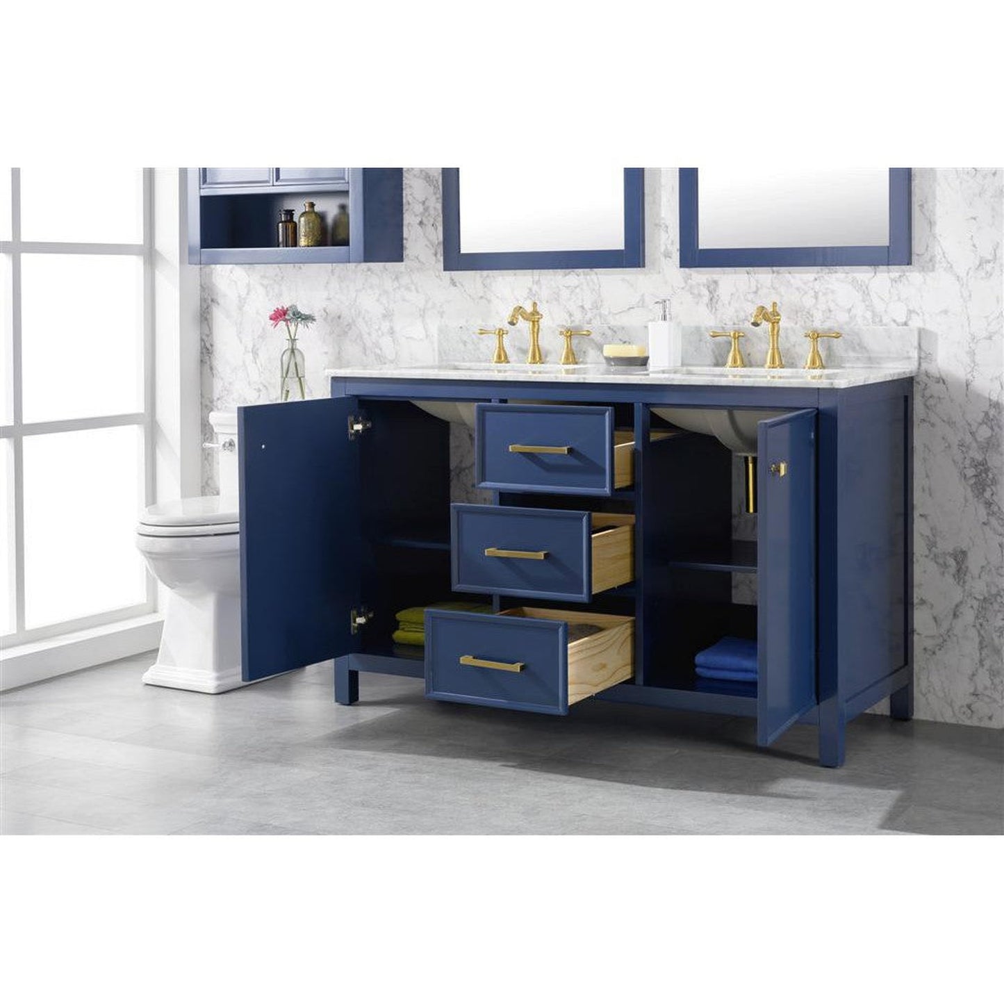 Legion Furniture WLF2154 54" Blue Freestanding Vanity With White Carrara Marble Top and Double White Ceramic Sink