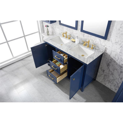 Legion Furniture WLF2154 54" Blue Freestanding Vanity With White Carrara Marble Top and Double White Ceramic Sink