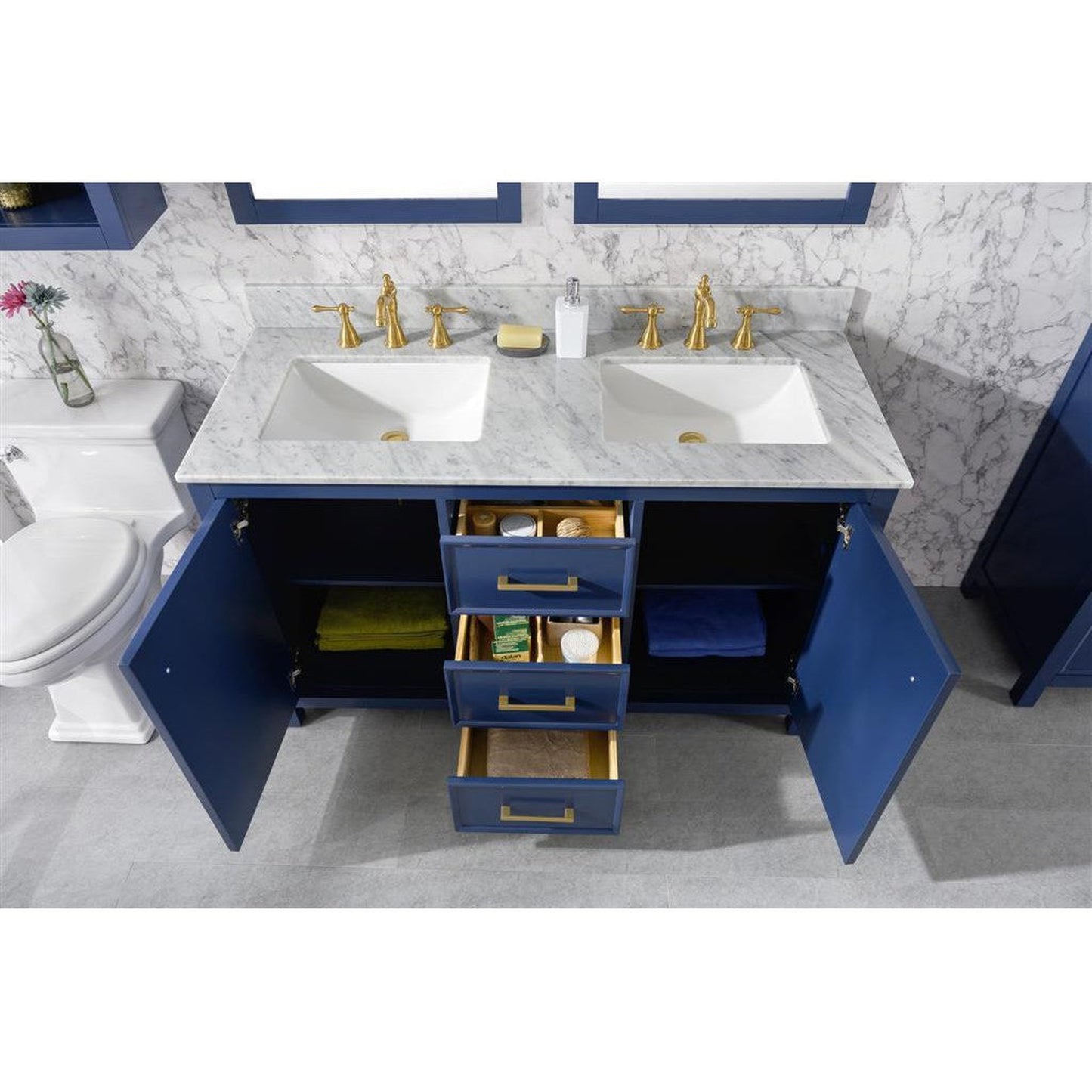 Legion Furniture WLF2154 54" Blue Freestanding Vanity With White Carrara Marble Top and Double White Ceramic Sink
