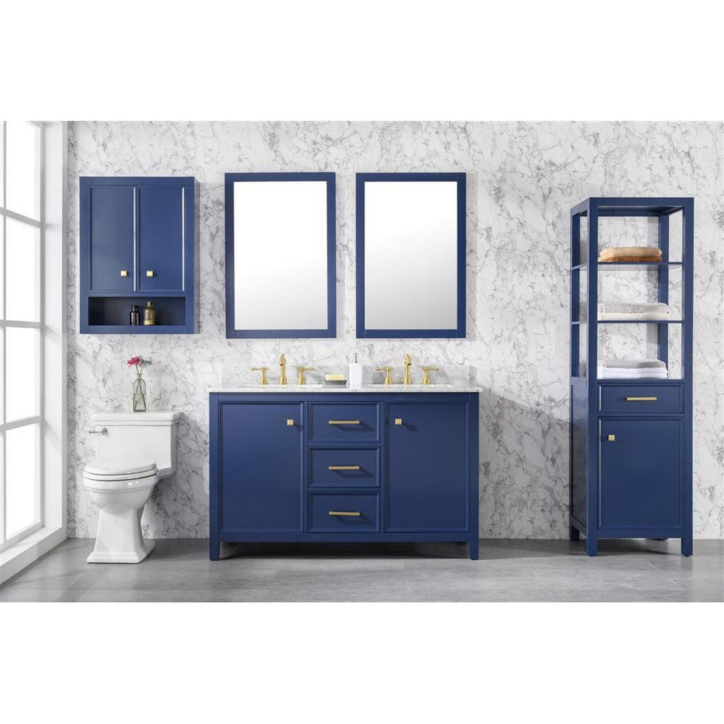 Legion Furniture WLF2154 54" Blue Freestanding Vanity With White Carrara Marble Top and Double White Ceramic Sink