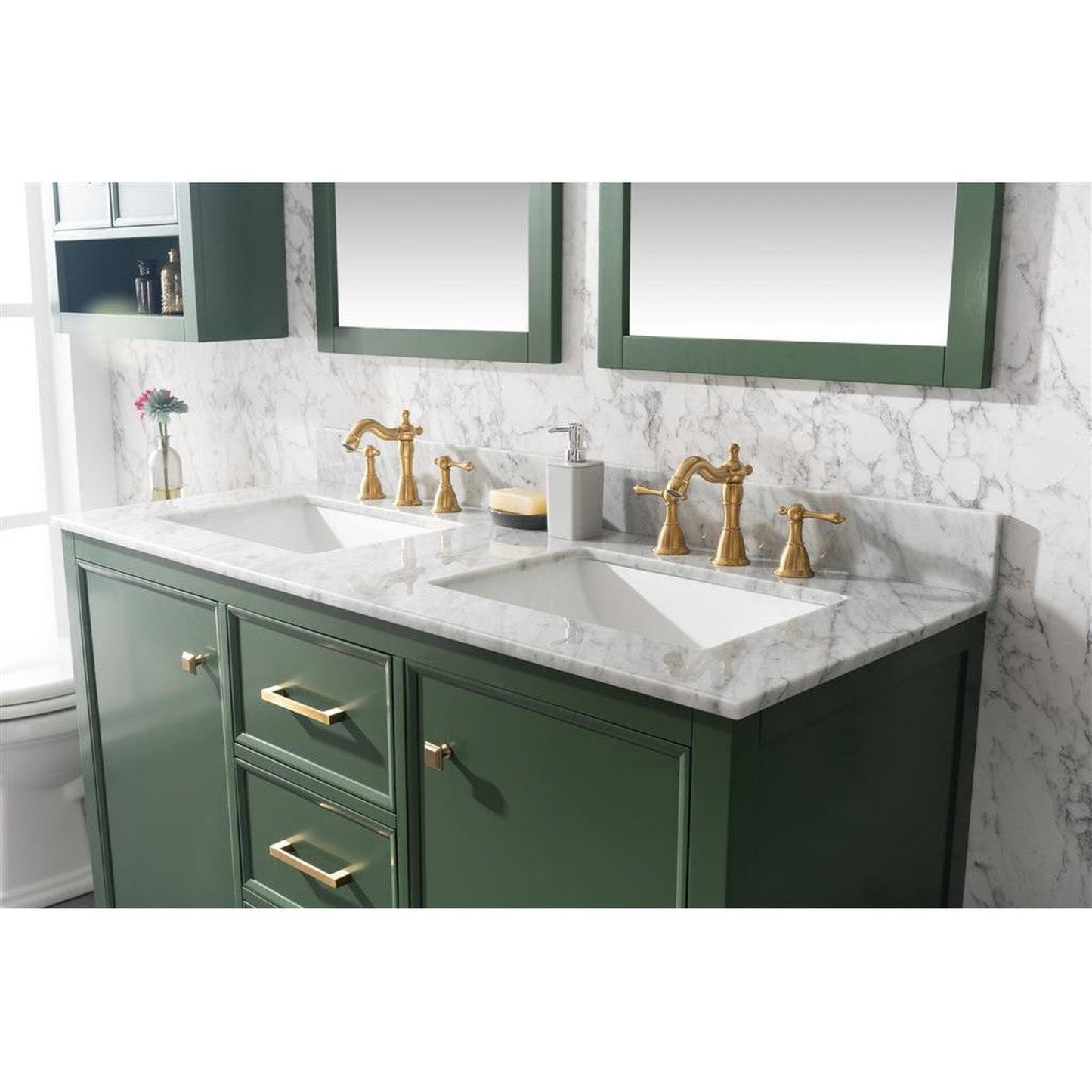 Legion Furniture WLF2154 54" Vogue Green Freestanding Vanity With White Carrara Marble Top and Double White Ceramic Sink