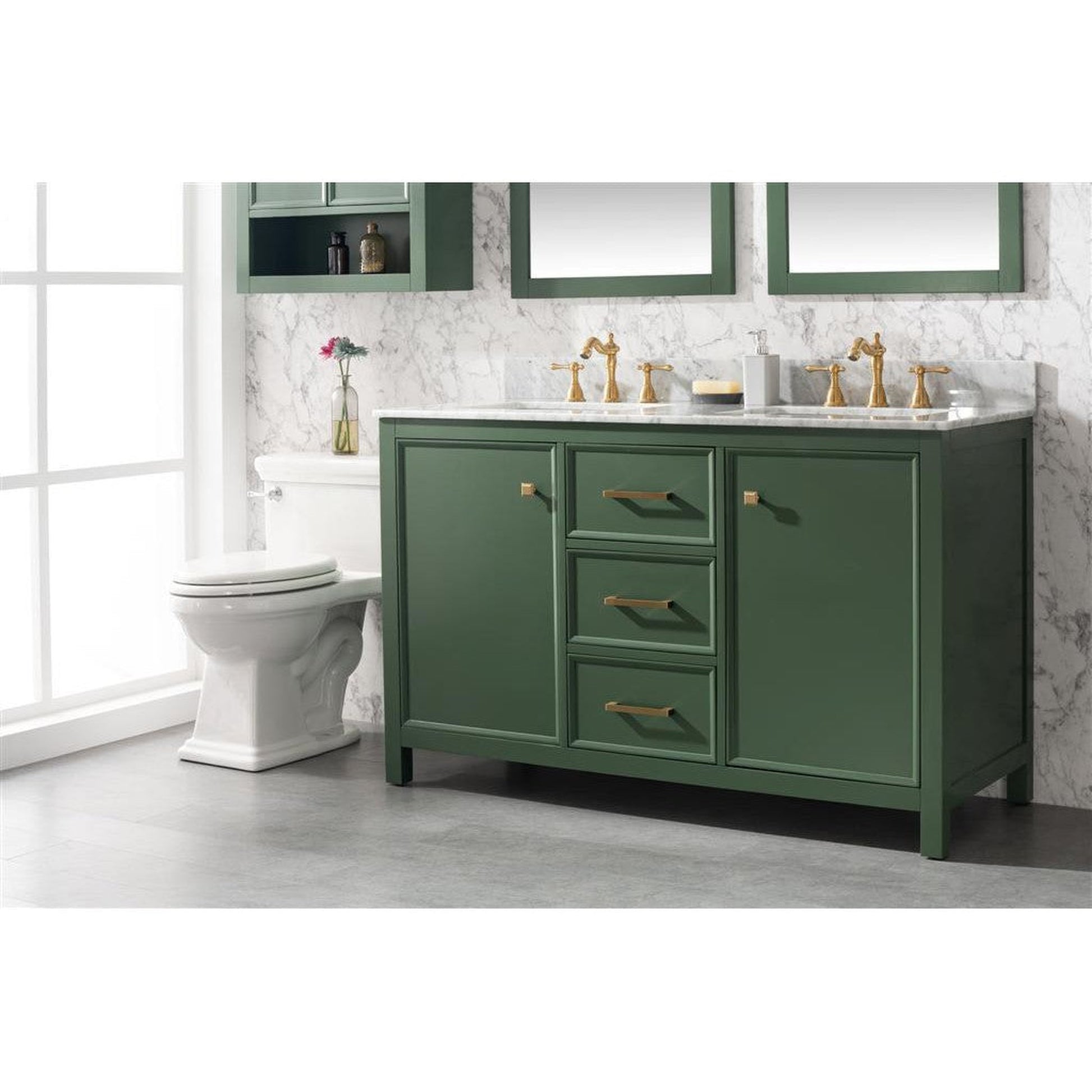 Legion Furniture WLF2154 54" Vogue Green Freestanding Vanity With White Carrara Marble Top and Double White Ceramic Sink