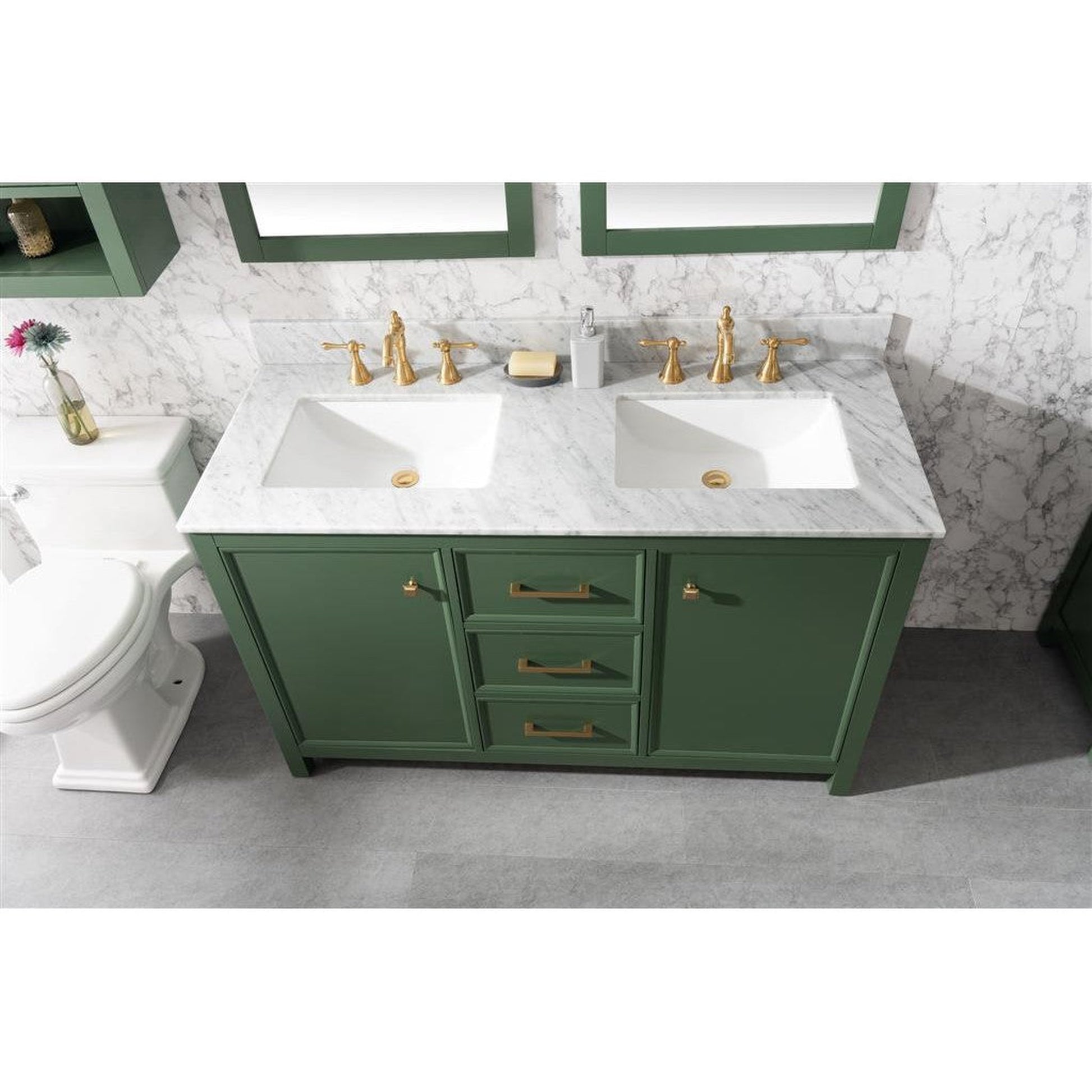 Legion Furniture WLF2154 54" Vogue Green Freestanding Vanity With White Carrara Marble Top and Double White Ceramic Sink