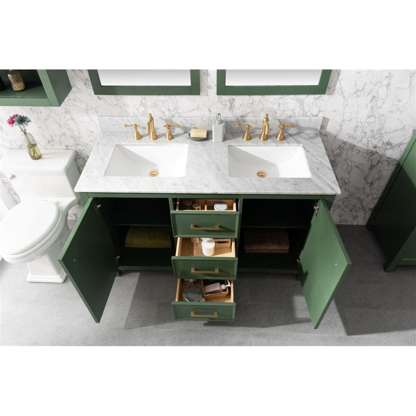 Legion Furniture WLF2154 54" Vogue Green Freestanding Vanity With White Carrara Marble Top and Double White Ceramic Sink