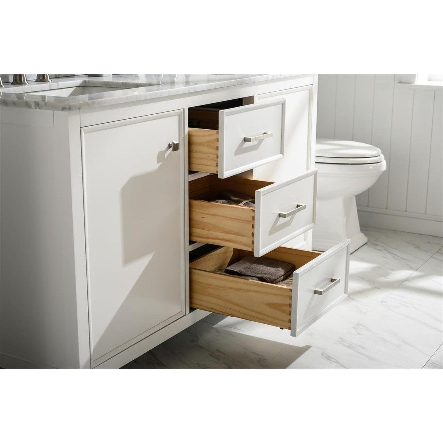Legion Furniture WLF2154 54" White Freestanding Vanity With White Carrara Marble Top and Double White Ceramic Sink