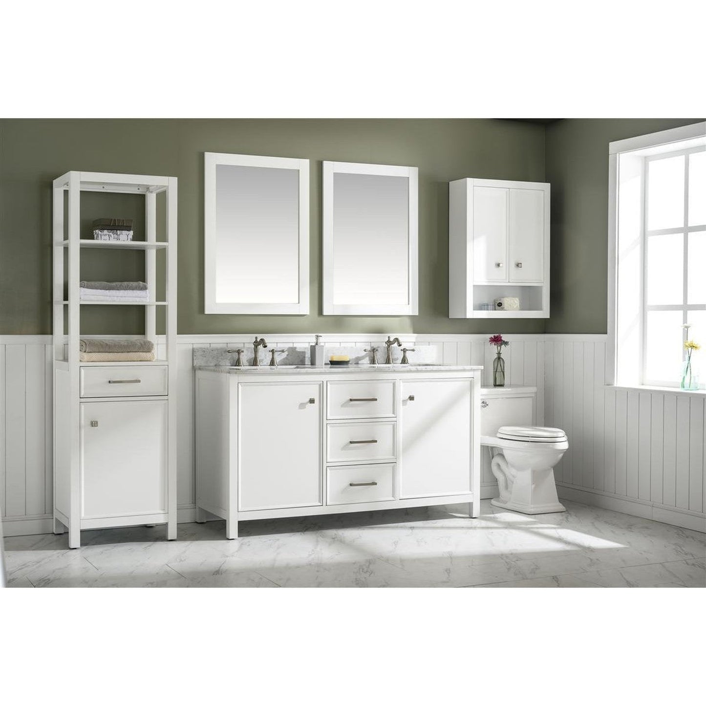 Legion Furniture WLF2154 54" White Freestanding Vanity With White Carrara Marble Top and Double White Ceramic Sink