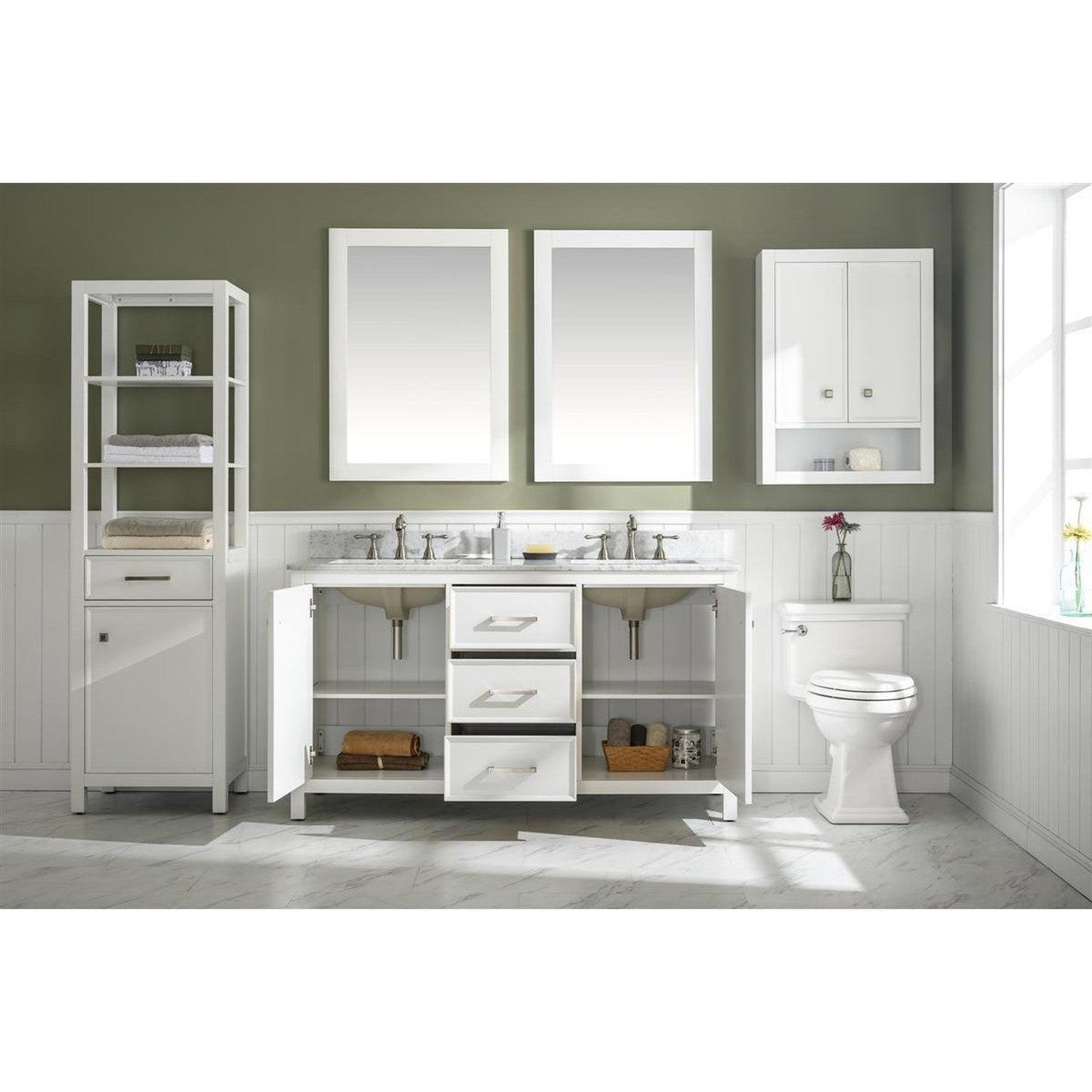 Legion Furniture WLF2154 54" White Freestanding Vanity With White Carrara Marble Top and Double White Ceramic Sink