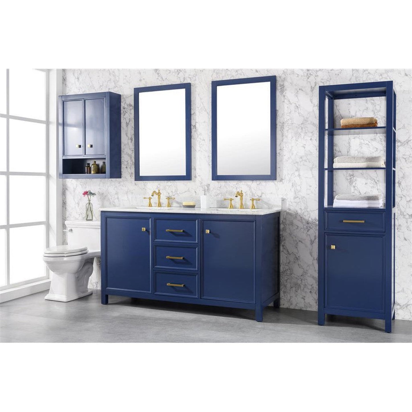 Legion Furniture WLF2160D 60" Blue Freestanding Vanity With White Carrara Marble Top and Double White Ceramic Sink