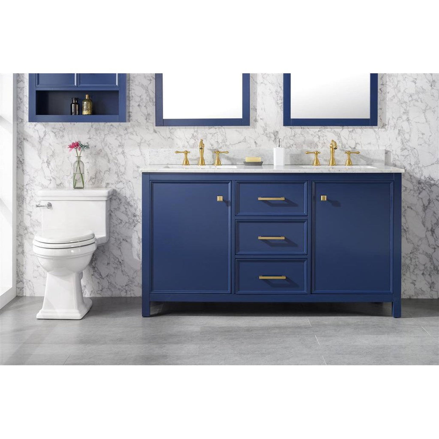 Legion Furniture WLF2160D 60" Blue Freestanding Vanity With White Carrara Marble Top and Double White Ceramic Sink