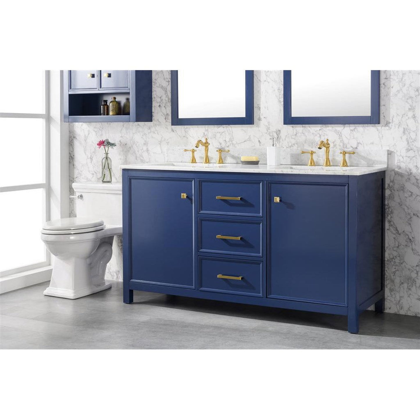 Legion Furniture WLF2160D 60" Blue Freestanding Vanity With White Carrara Marble Top and Double White Ceramic Sink