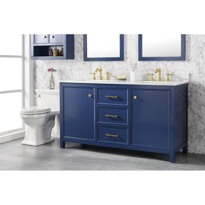 Legion Furniture WLF2160D 60" Blue Freestanding Vanity With White Carrara Marble Top and Double White Ceramic Sink