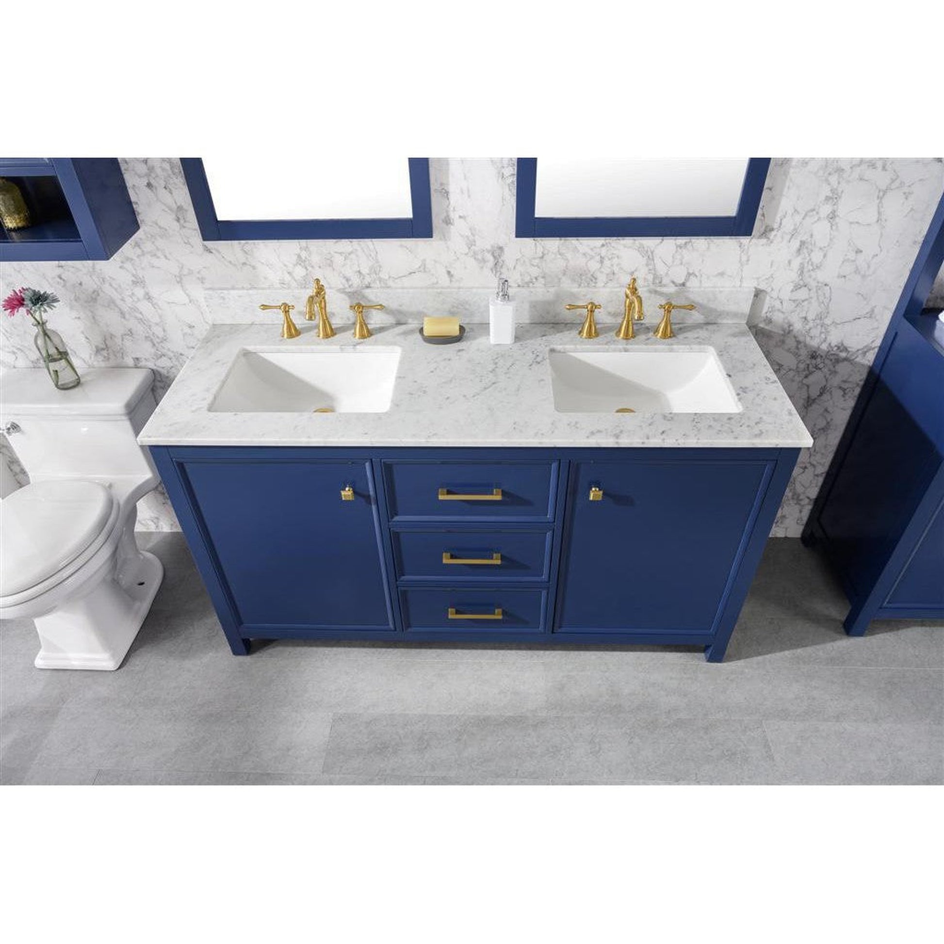 Legion Furniture WLF2160D 60" Blue Freestanding Vanity With White Carrara Marble Top and Double White Ceramic Sink