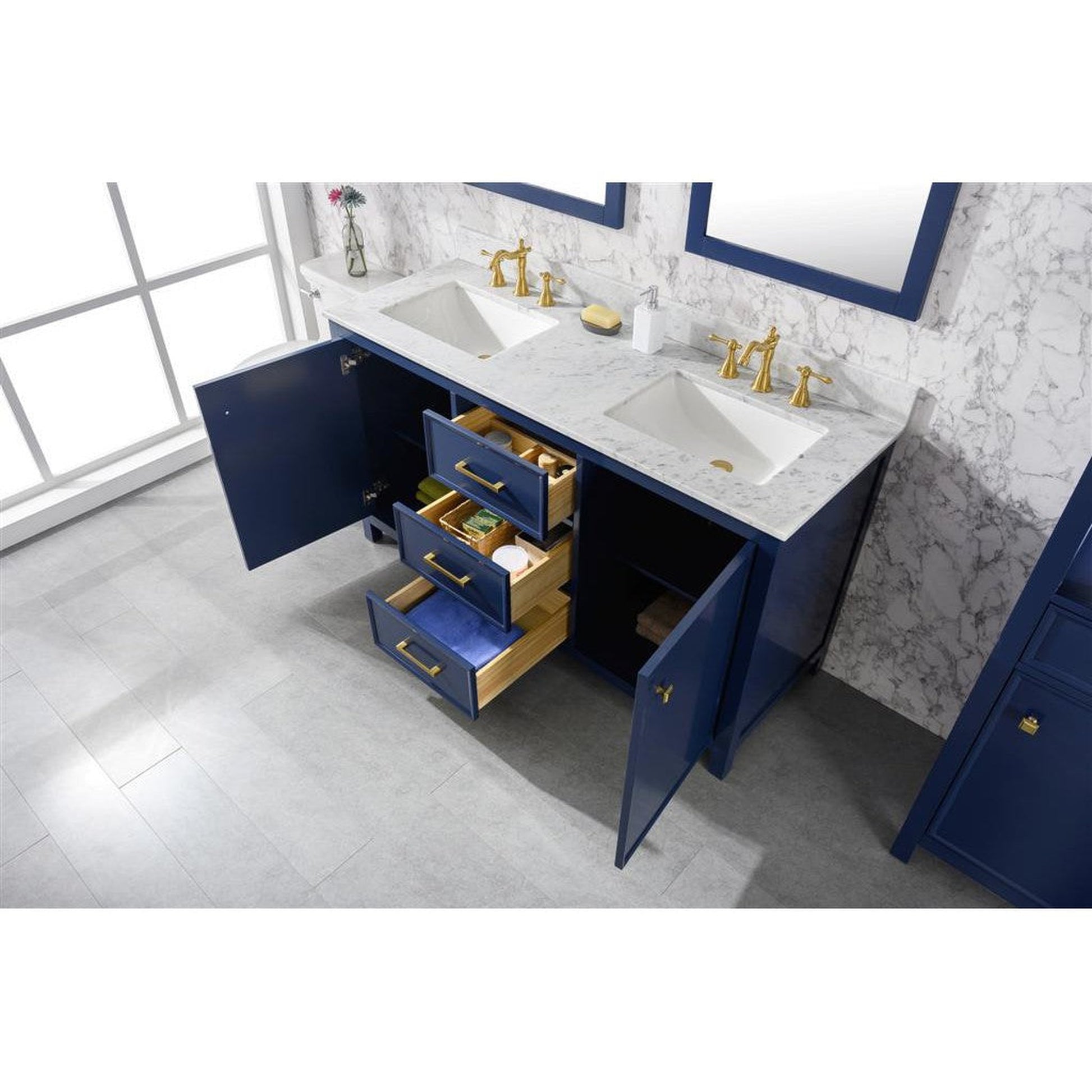 Legion Furniture WLF2160D 60" Blue Freestanding Vanity With White Carrara Marble Top and Double White Ceramic Sink