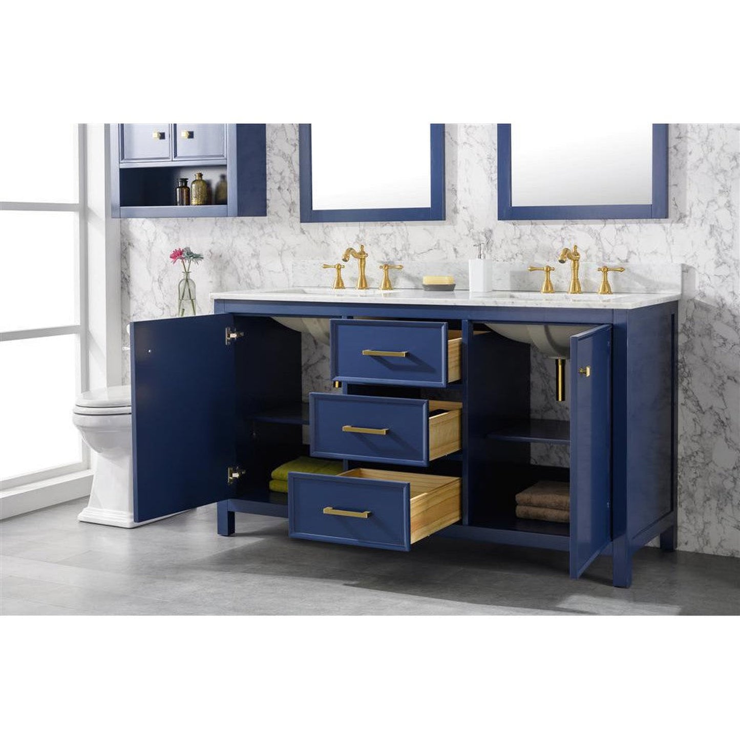 Legion Furniture WLF2160D 60" Blue Freestanding Vanity With White Carrara Marble Top and Double White Ceramic Sink