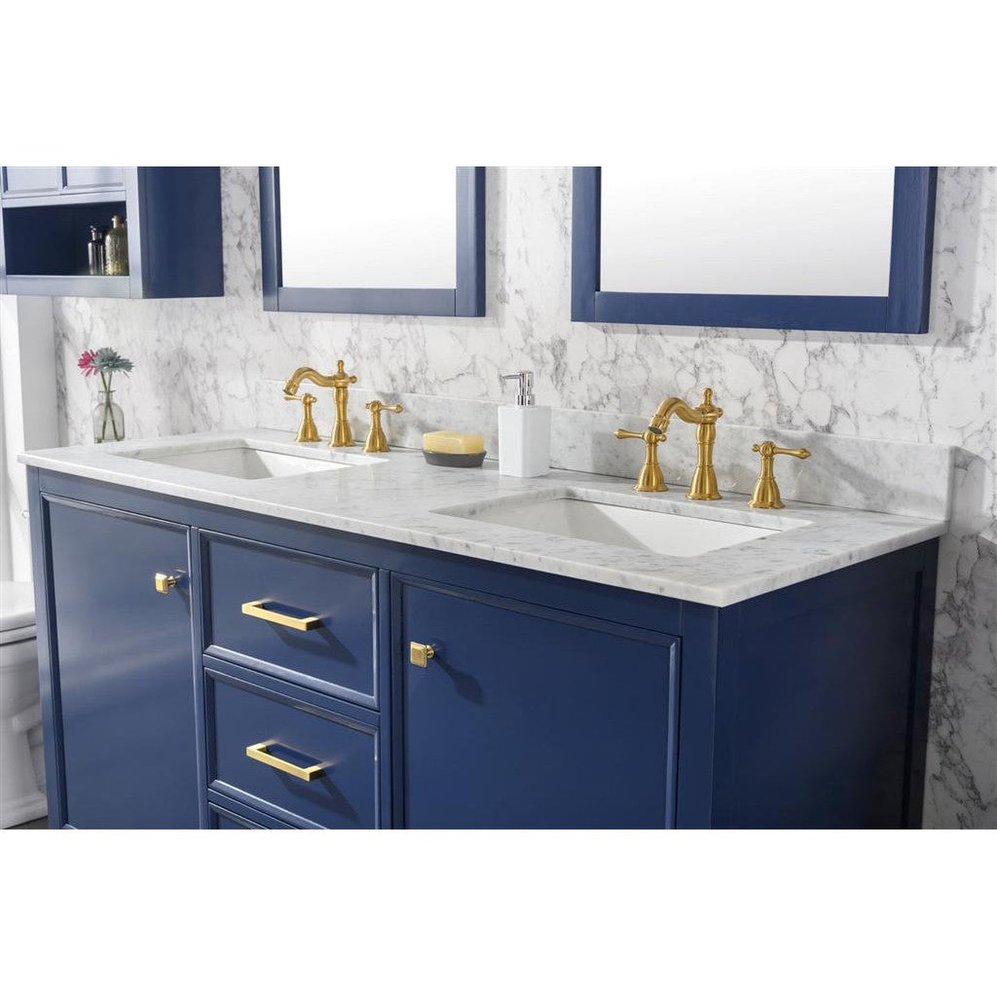 Legion Furniture WLF2160D 60" Blue Freestanding Vanity With White Carrara Marble Top and Double White Ceramic Sink