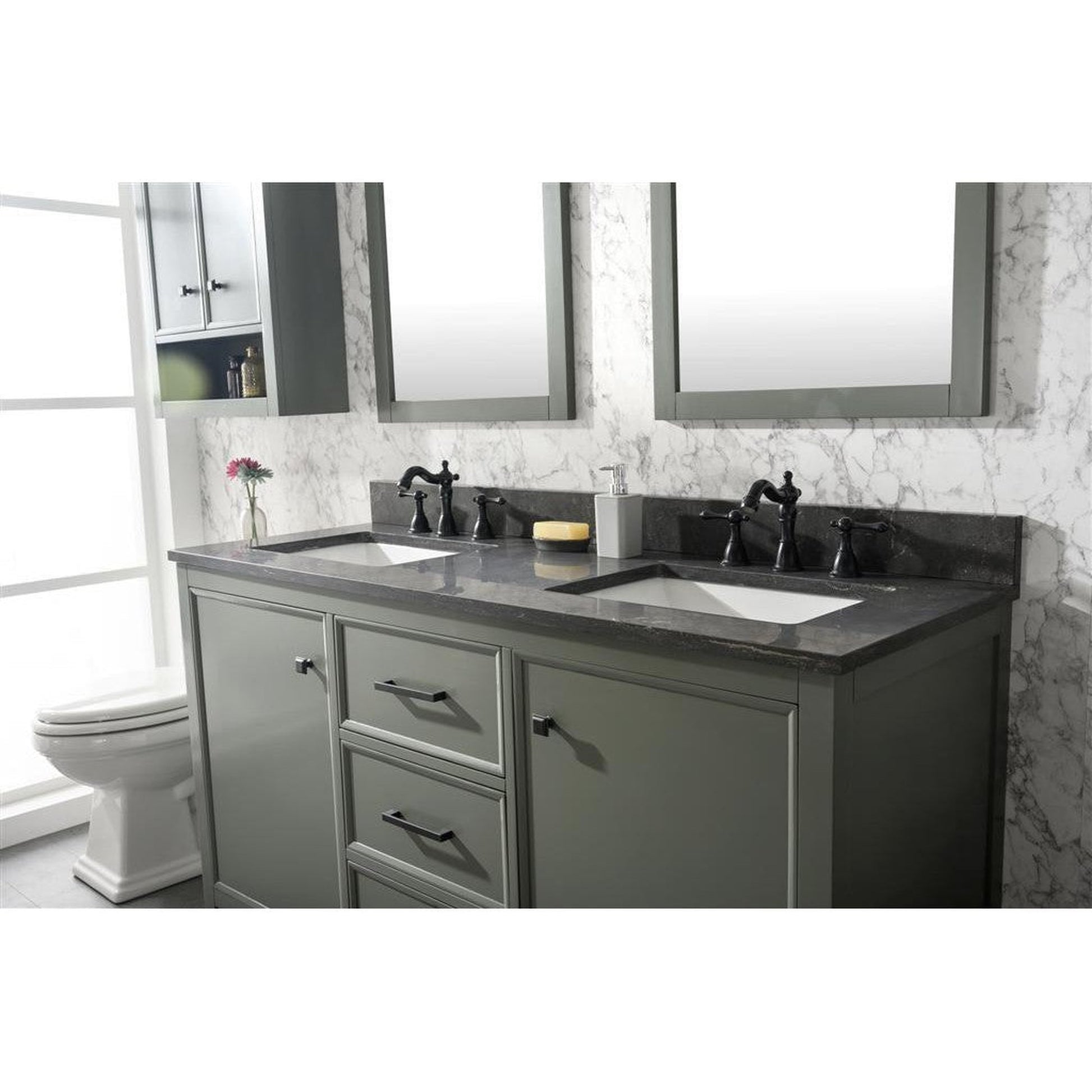 Legion Furniture WLF2160D 60" Pewter Green Freestanding Vanity With Blue Lime Stone Top and Double White Ceramic Sink