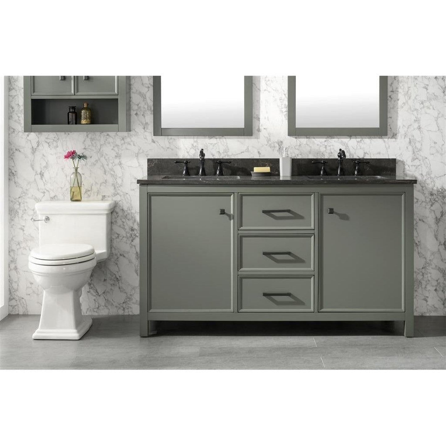 Legion Furniture WLF2160D 60" Pewter Green Freestanding Vanity With Blue Lime Stone Top and Double White Ceramic Sink