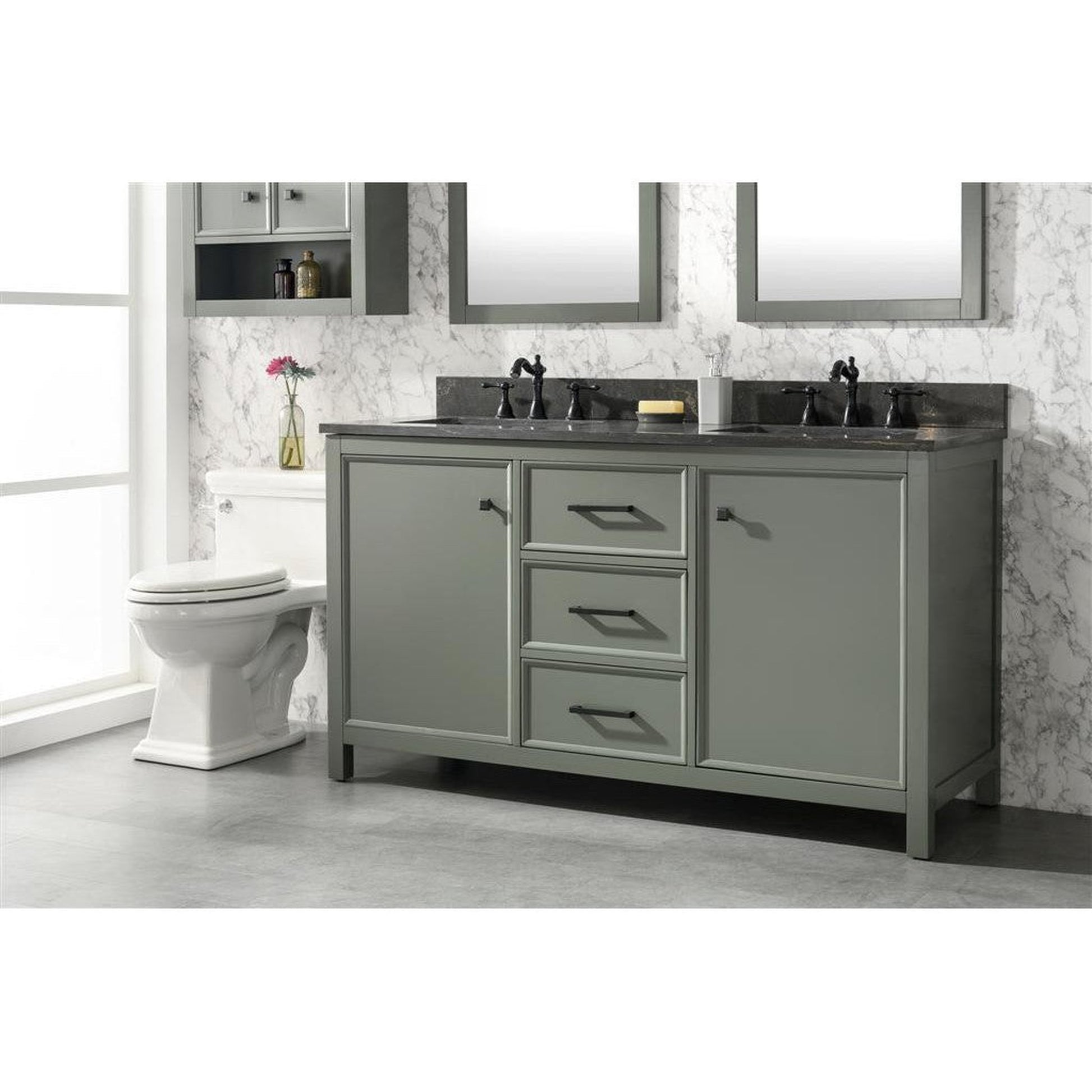 Legion Furniture WLF2160D 60" Pewter Green Freestanding Vanity With Blue Lime Stone Top and Double White Ceramic Sink