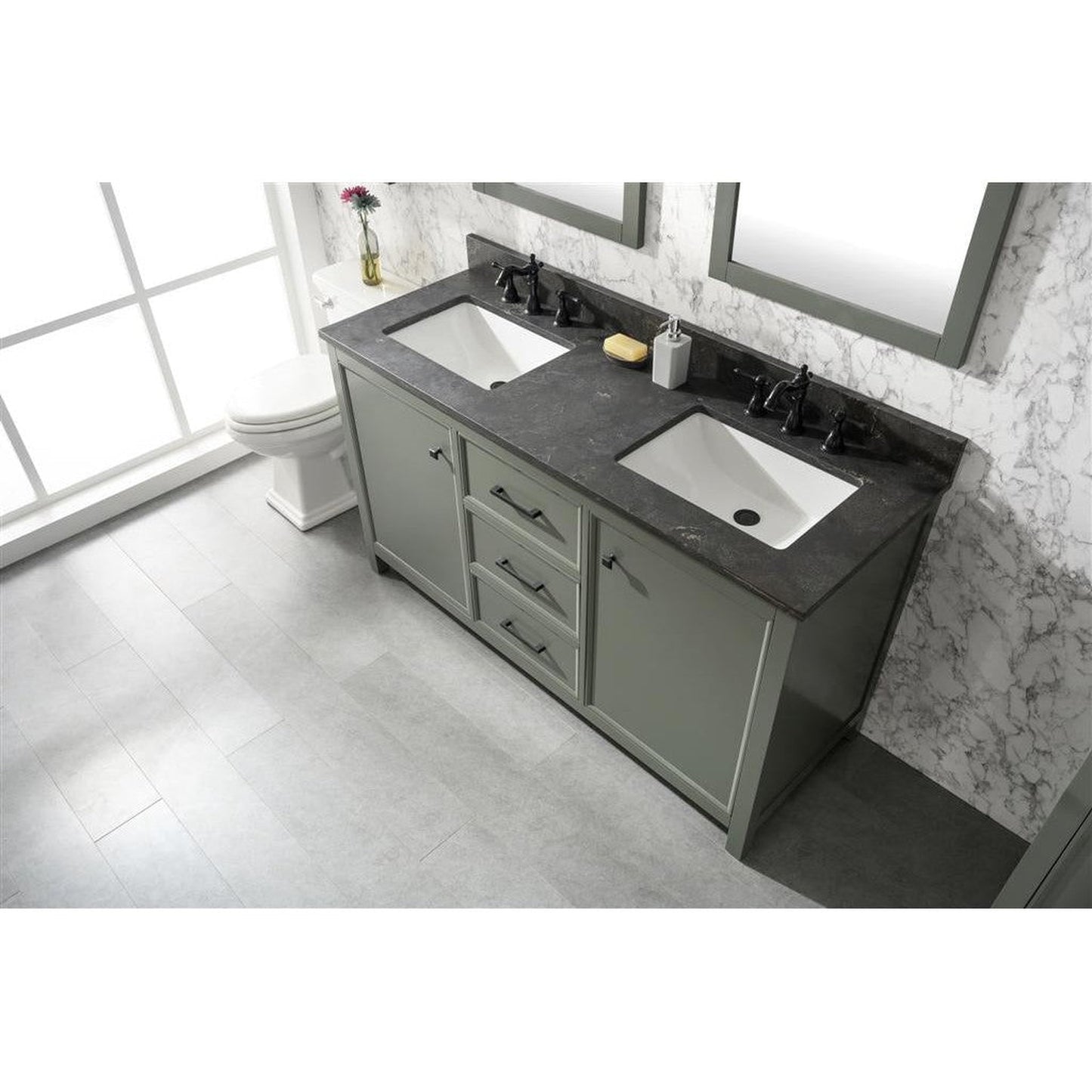 Legion Furniture WLF2160D 60" Pewter Green Freestanding Vanity With Blue Lime Stone Top and Double White Ceramic Sink