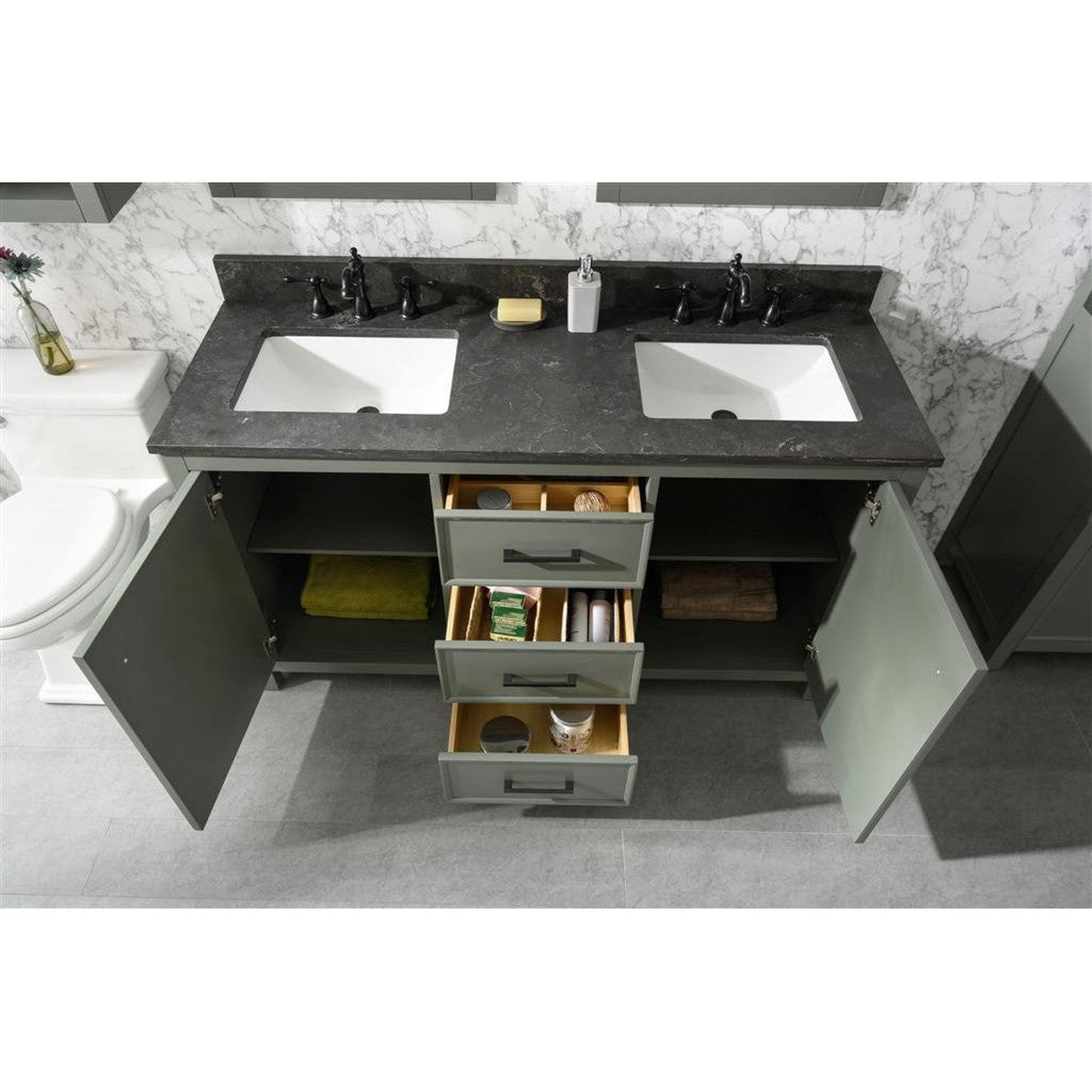 Legion Furniture WLF2160D 60" Pewter Green Freestanding Vanity With Blue Lime Stone Top and Double White Ceramic Sink