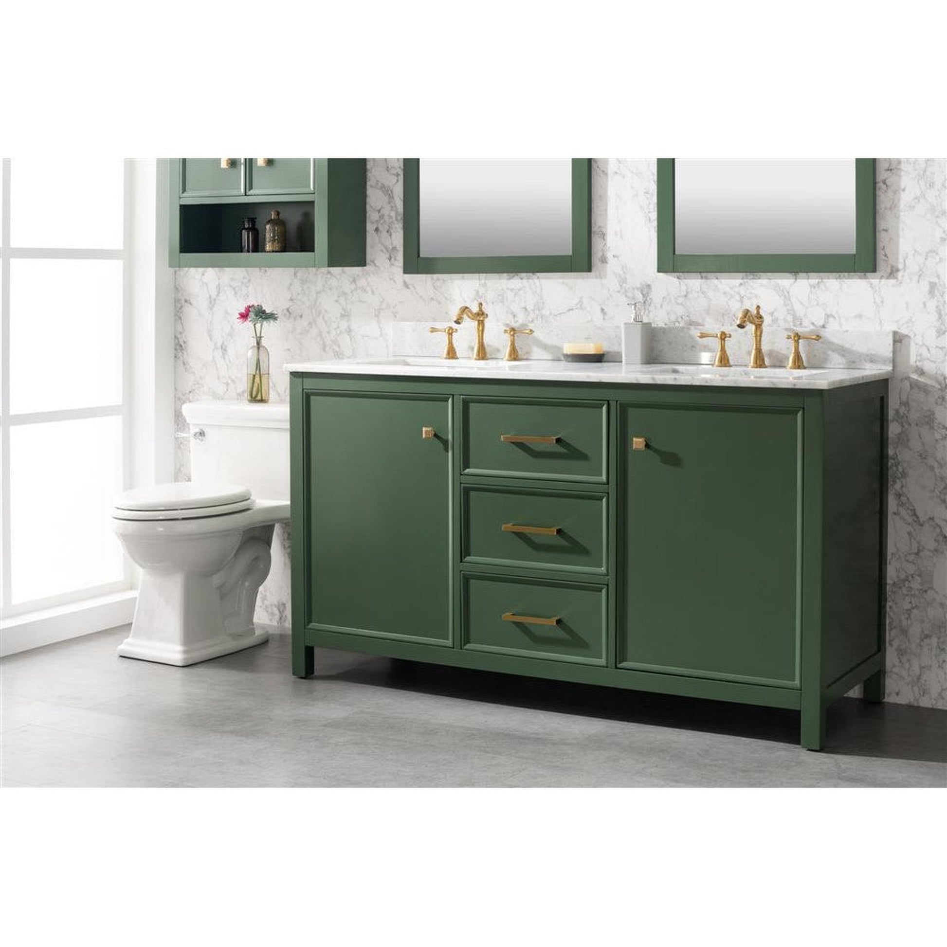 Legion Furniture WLF2160D 60" Vogue Green Freestanding Vanity With White Carrara Marble Top and Double White Ceramic Sink