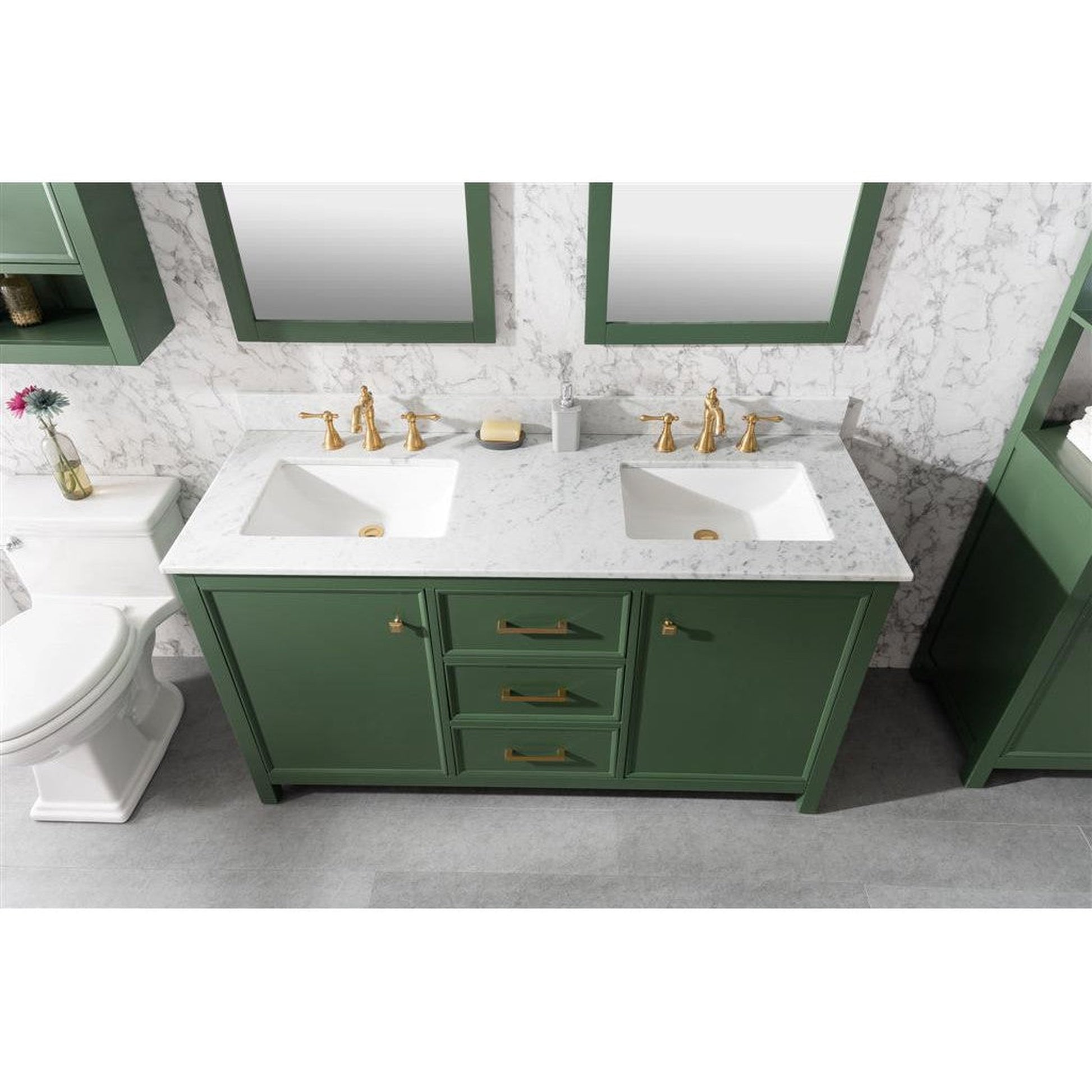 Legion Furniture WLF2160D 60" Vogue Green Freestanding Vanity With White Carrara Marble Top and Double White Ceramic Sink