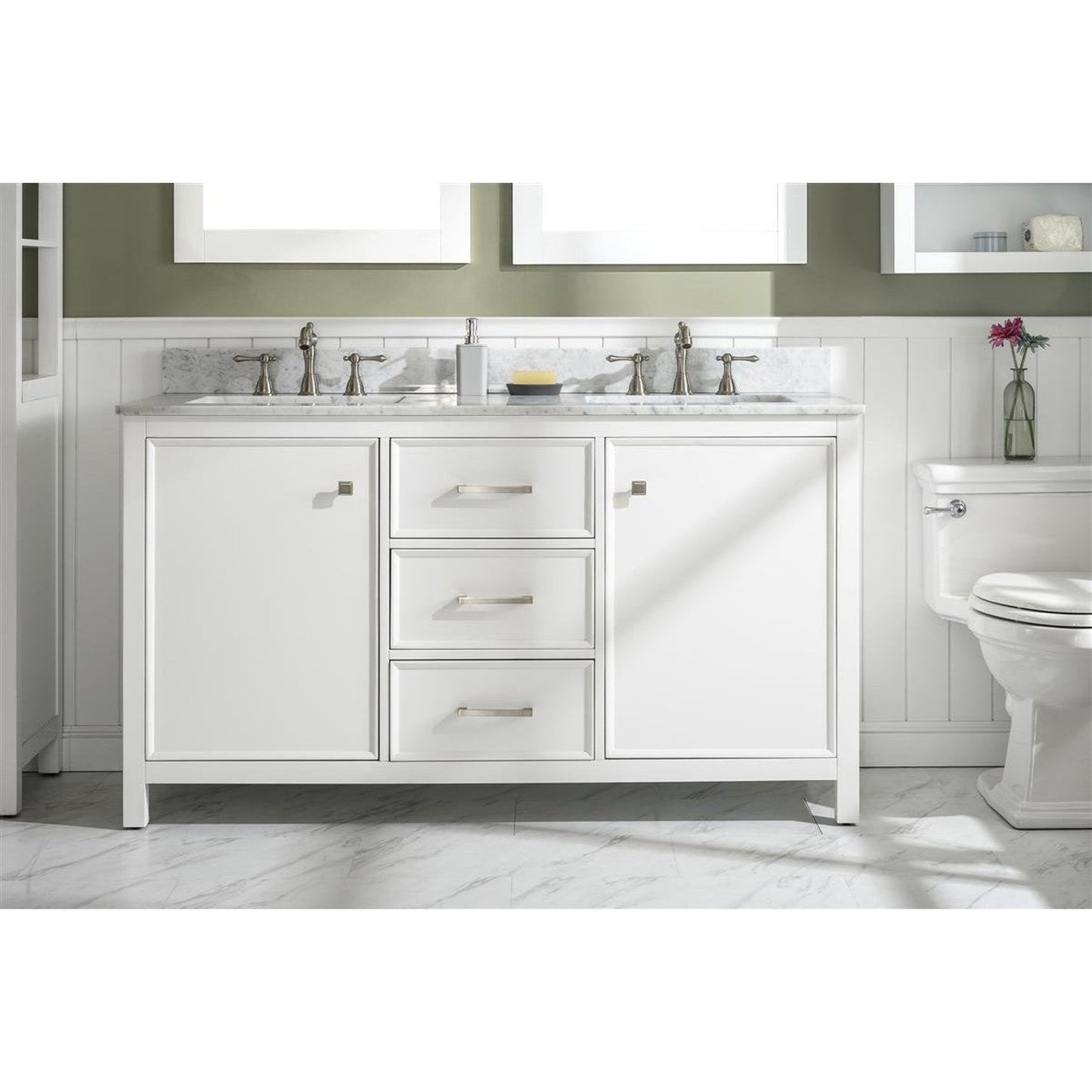 Legion Furniture WLF2160D 60" White Freestanding Vanity With White Carrara Marble Top and Double White Ceramic Sink