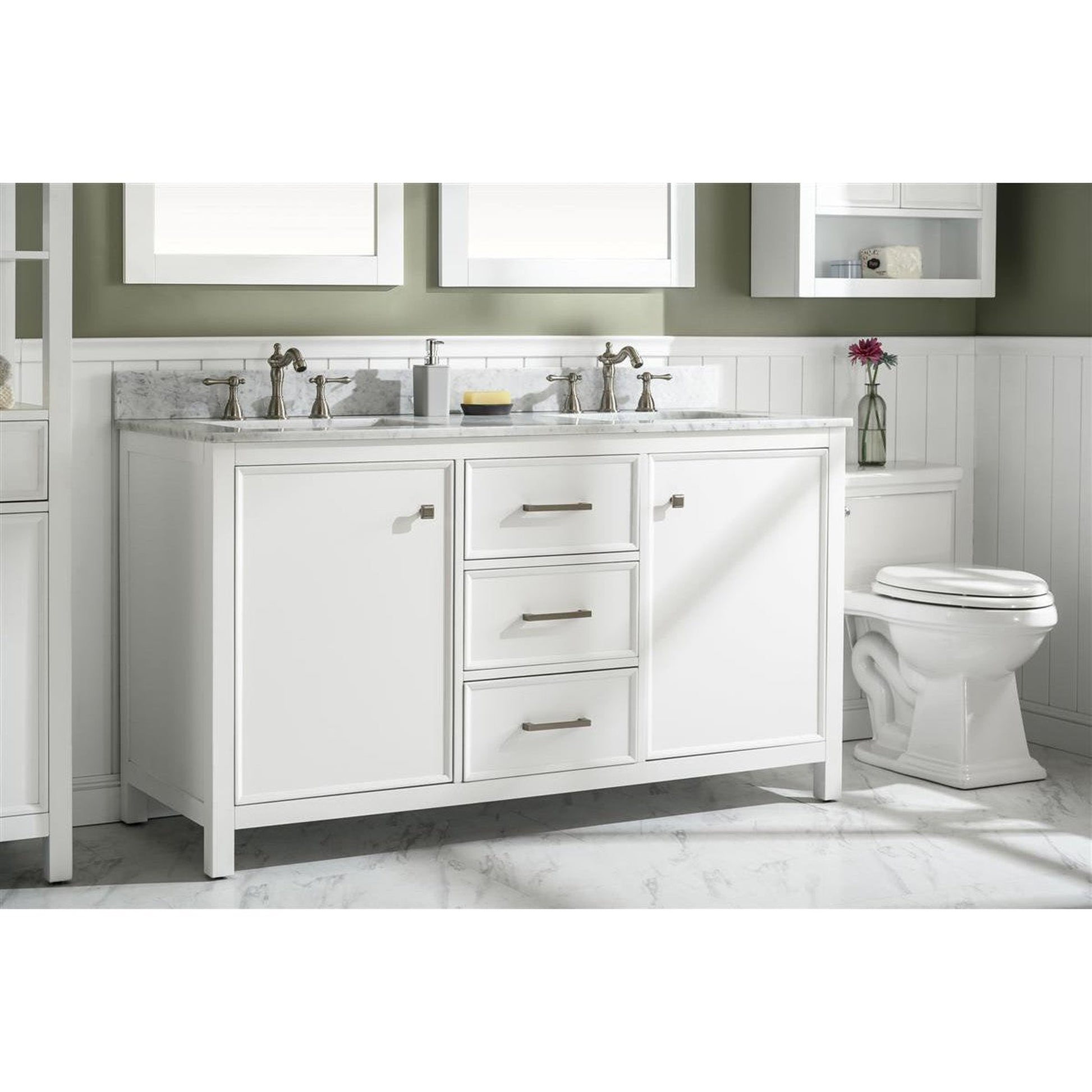 Legion Furniture WLF2160D 60" White Freestanding Vanity With White Carrara Marble Top and Double White Ceramic Sink