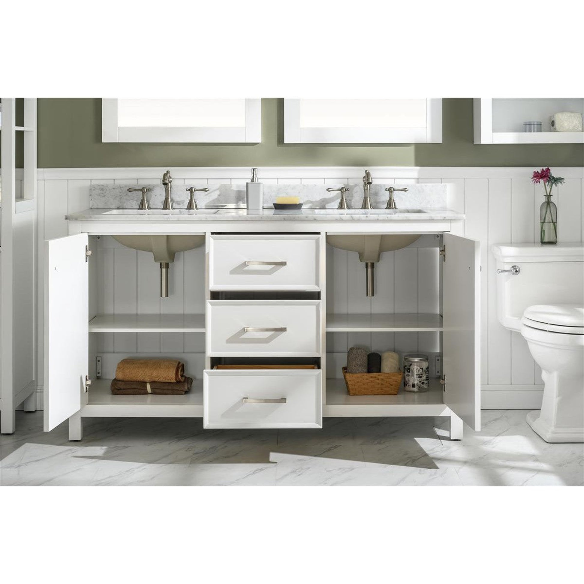 Legion Furniture WLF2160D 60" White Freestanding Vanity With White Carrara Marble Top and Double White Ceramic Sink