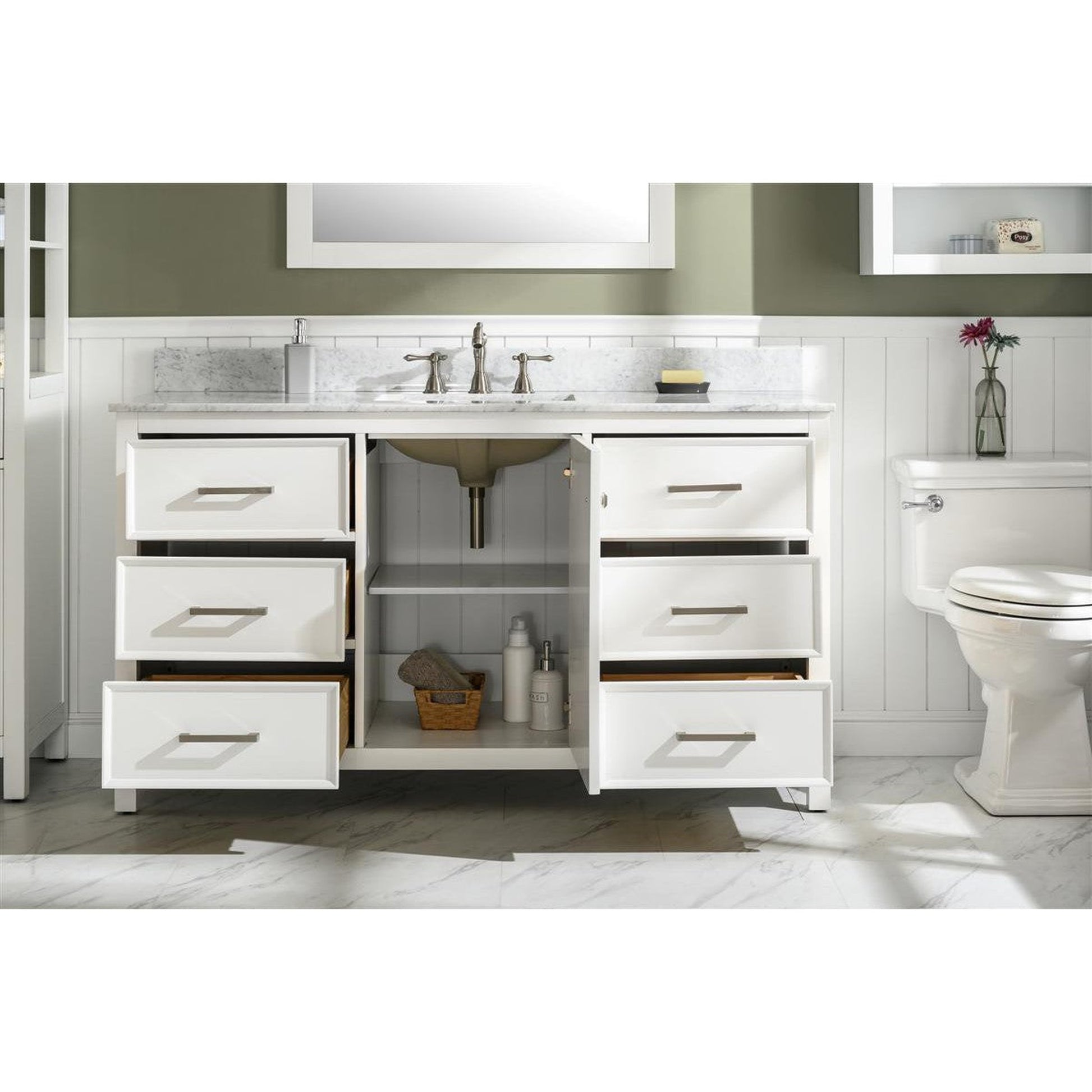 Legion Furniture WLF2160S 60" White Freestanding Vanity With White Carrara Marble Top and Single White Ceramic Sink