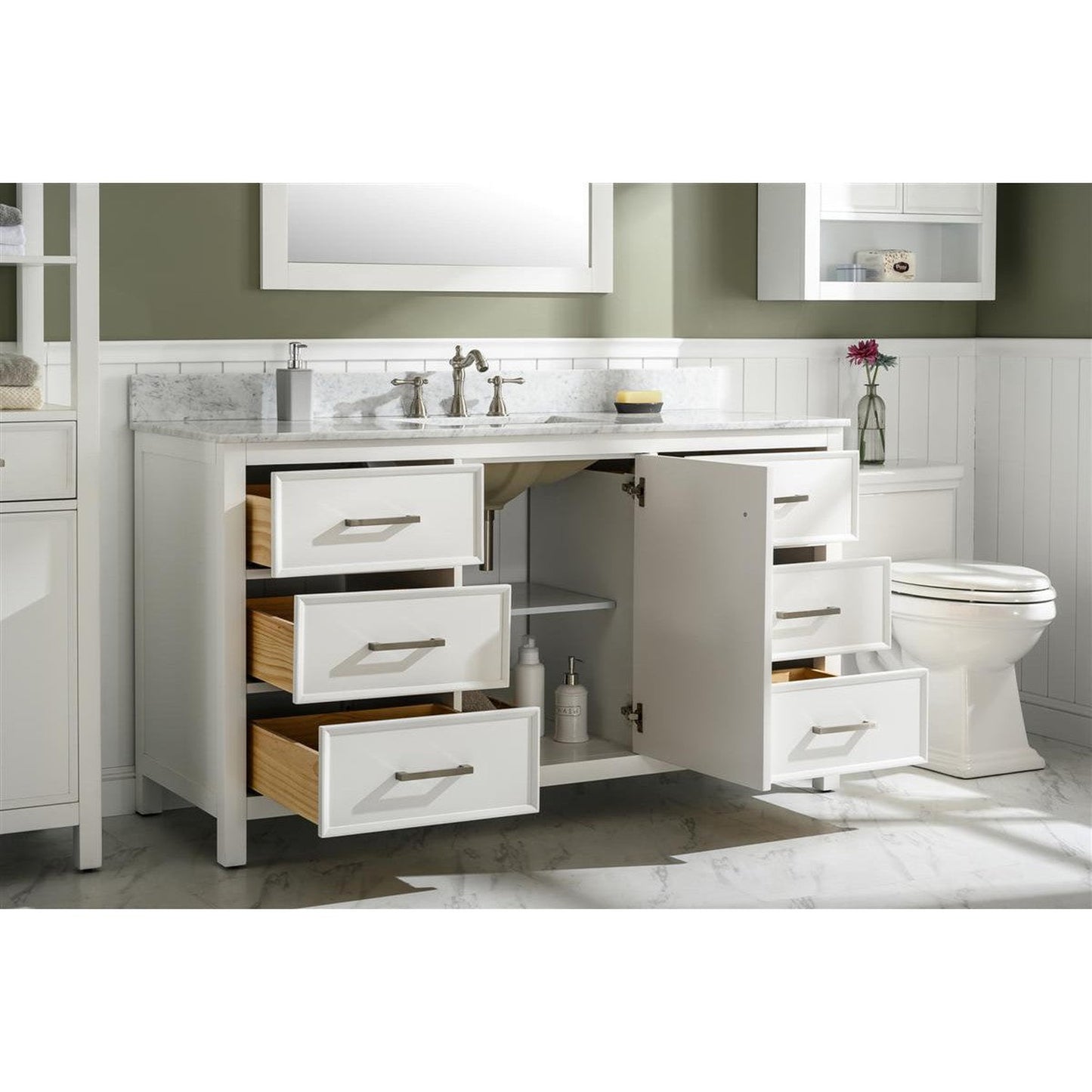 Legion Furniture WLF2160S 60" White Freestanding Vanity With White Carrara Marble Top and Single White Ceramic Sink
